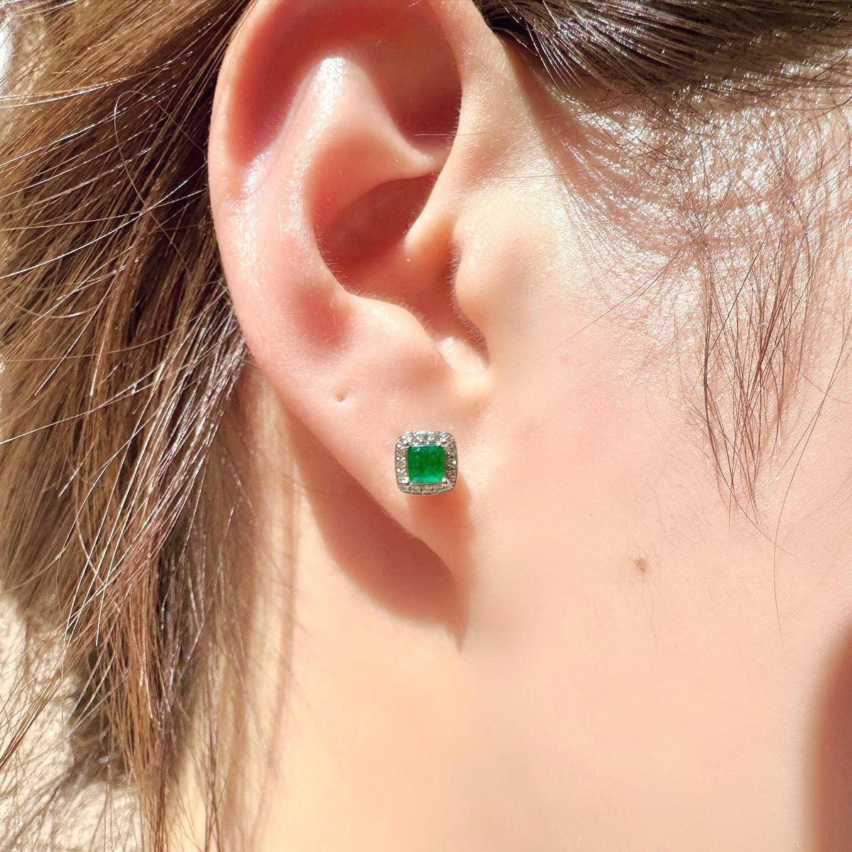 Genuine Princess Cut Emerald Diamond Stud Earrings, 18k White Gold, May Birthstone Jewelry, Gift for Her