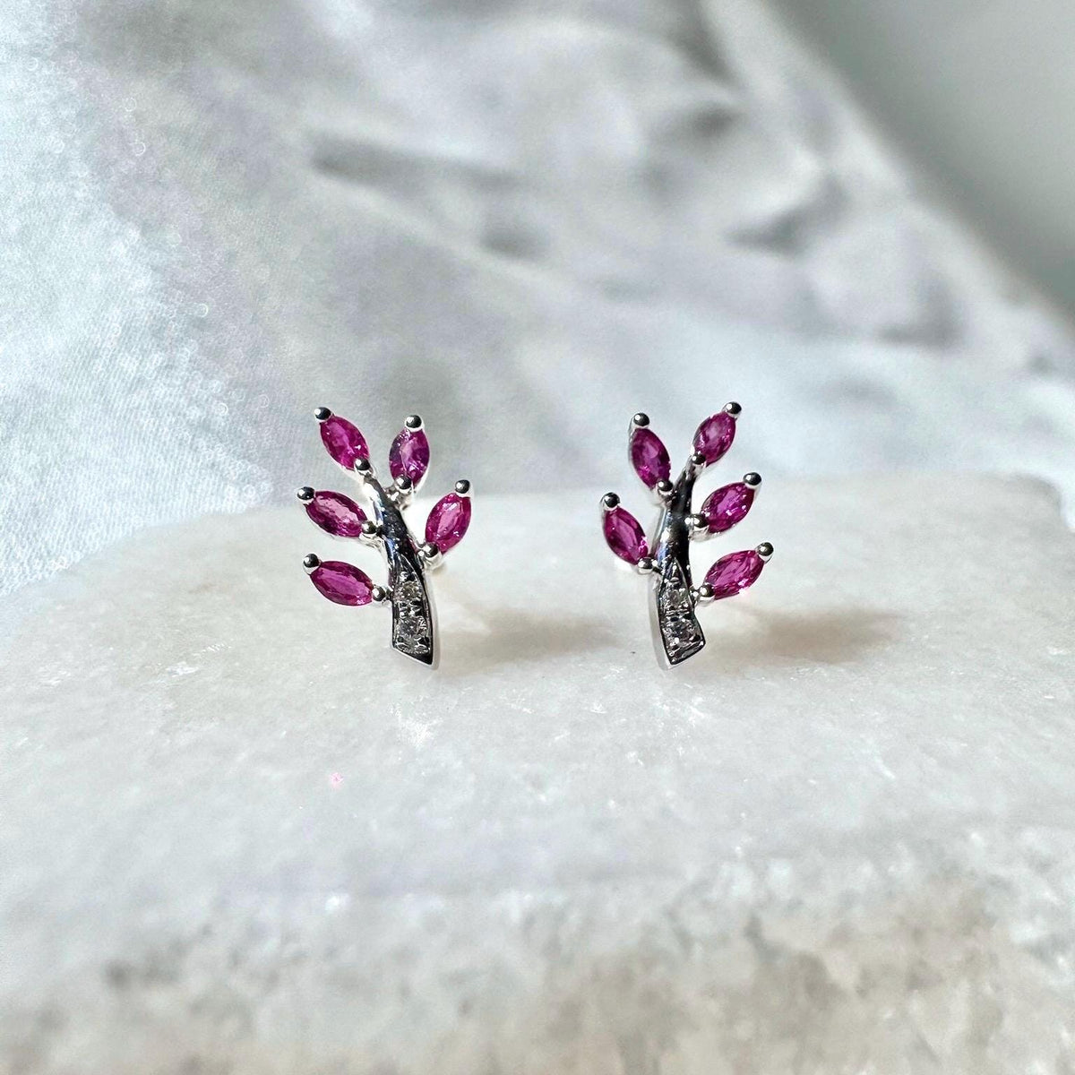 Genuine Ruby and Diamond Fern Stud Earrings in 14k Solid Gold