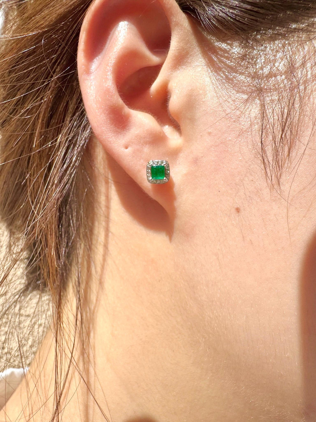 Genuine Princess Cut Emerald Diamond Stud Earrings, 18k White Gold, May Birthstone Jewelry, Gift for Her
