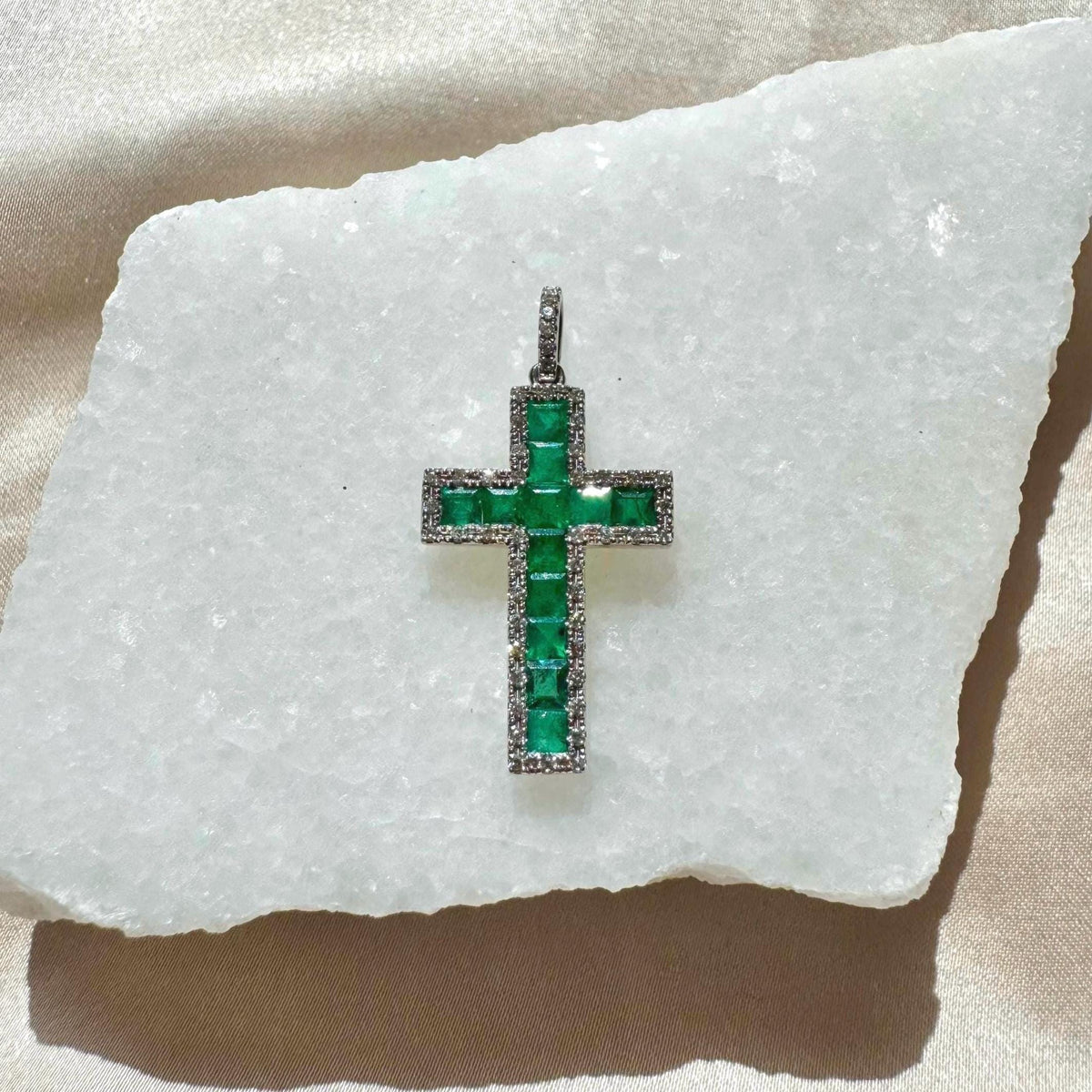 Genuine Emerald and Diamond Halo Cross Pendant, 14k Solid White Gold, May Birthstone, Gift for Her