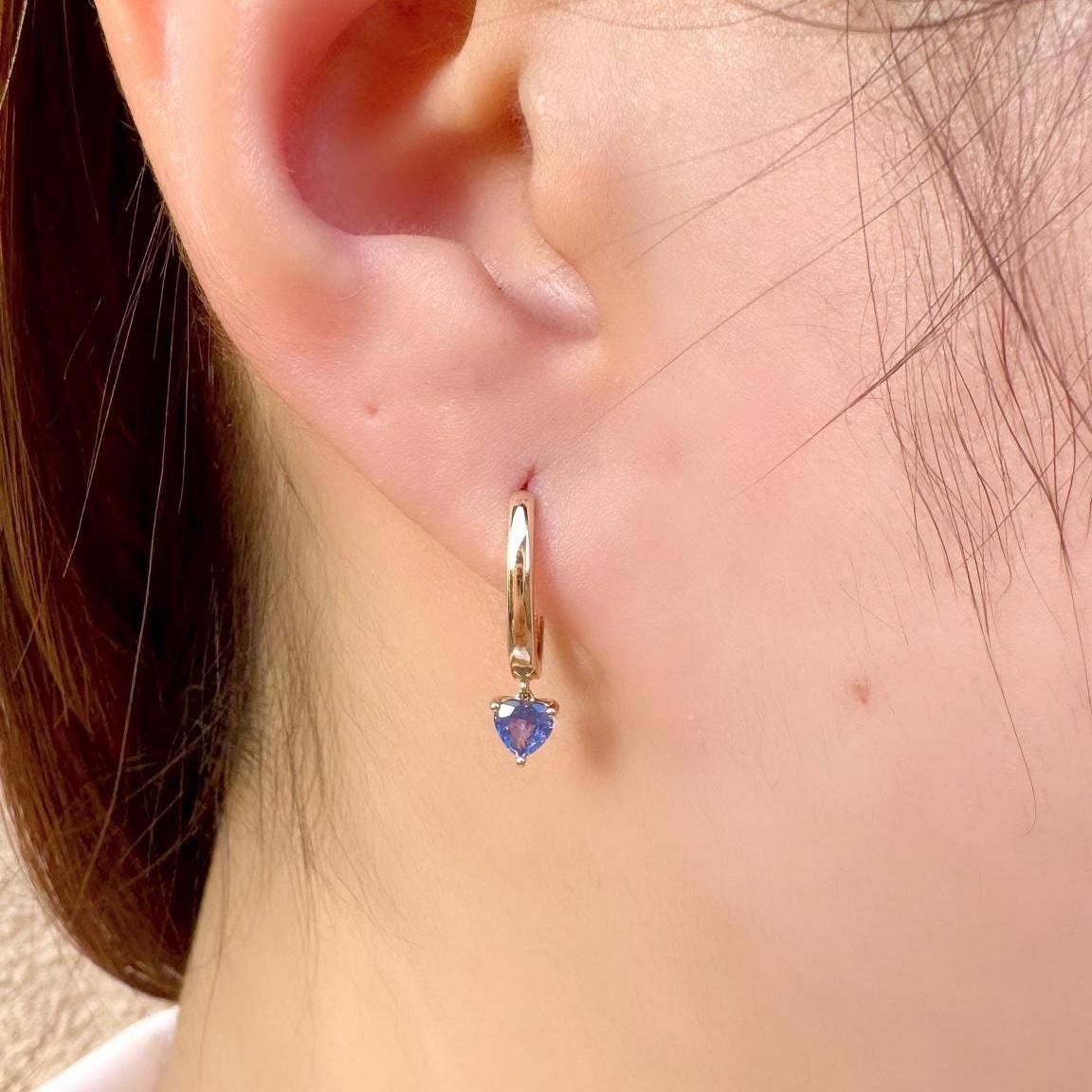 14k Solid Gold Ceylon Sapphire Heart Dangle Hoop Earrings, September Birthstone Gift