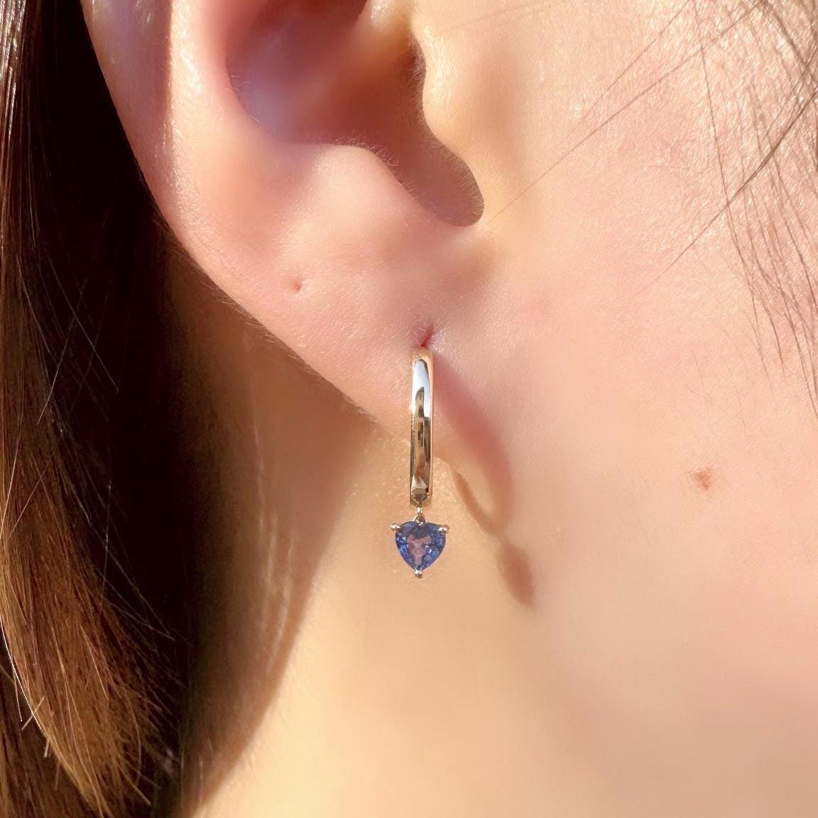 14k Solid Gold Ceylon Sapphire Heart Dangle Hoop Earrings, September Birthstone Gift