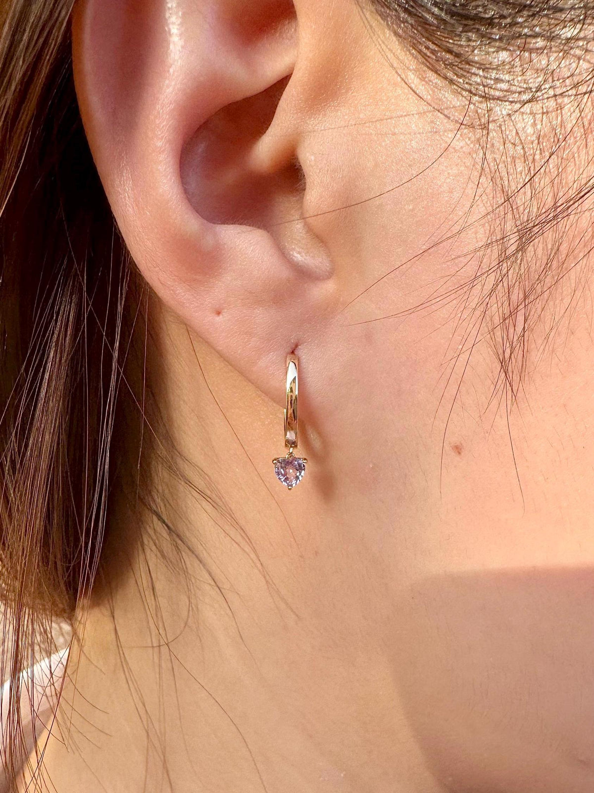 14k Solid Gold Heart Dangle Hoop Earrings, Purple Sapphire, September Birthstone Gift