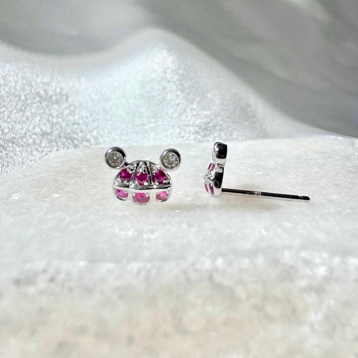 Genuine Ruby Mouse Earrings, 18k White Gold Diamond Cluster Studs