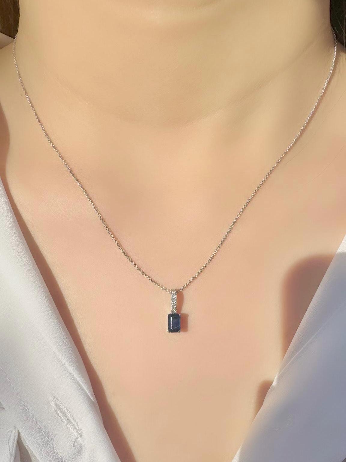 14k Solid White Gold, Natural Radiant Cut Sapphire and Diamond Pendant, September Birthstone, Gift for Her