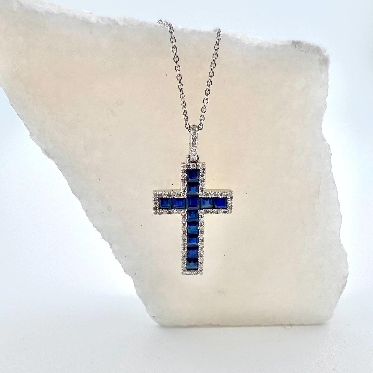 Genuine Sapphire and Diamond Tapered Cross Pendant | 14k Solid Gold