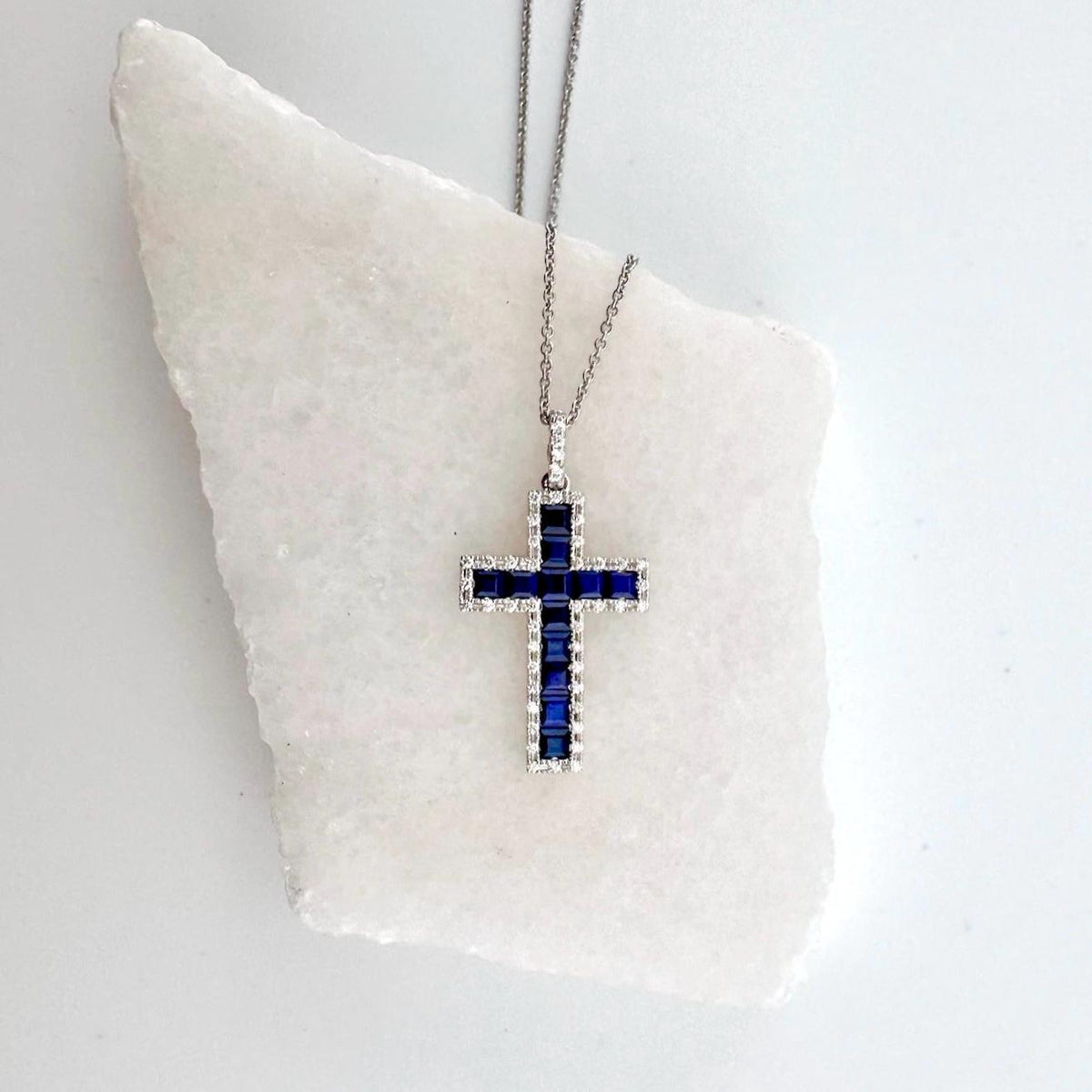 Genuine Sapphire and Diamond Tapered Cross Pendant | 14k Solid Gold