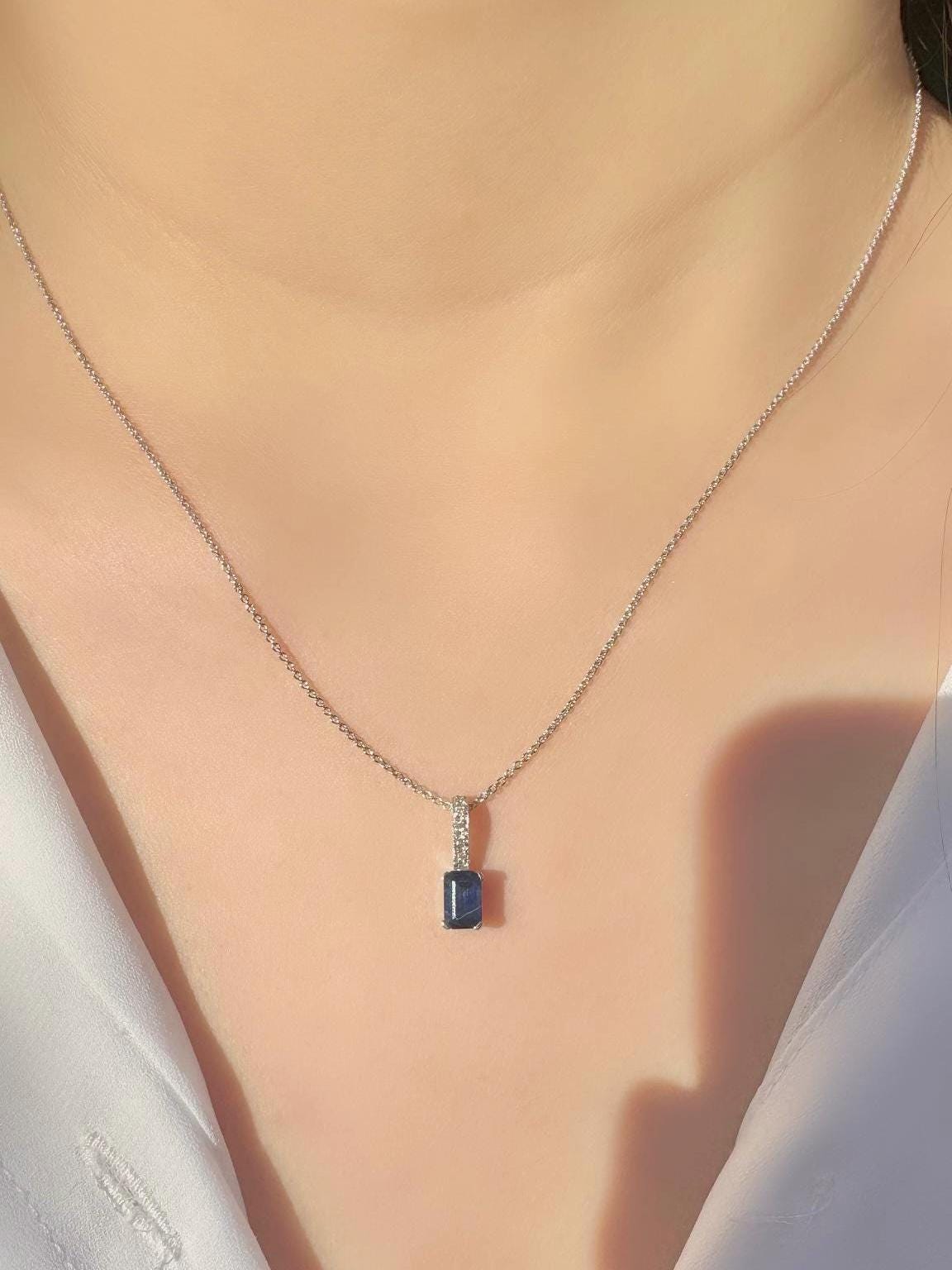 14k Solid White Gold, Natural Radiant Cut Sapphire and Diamond Pendant, September Birthstone, Gift for Her
