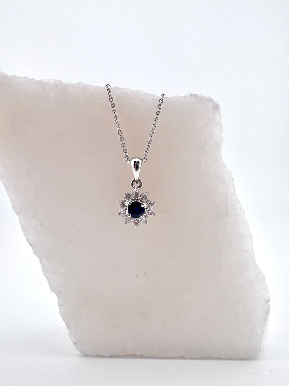Genuine Sapphire and Diamond Sun Halo Pendant Necklace, 18k Solid White Gold, September Birthstone, Gift for Her