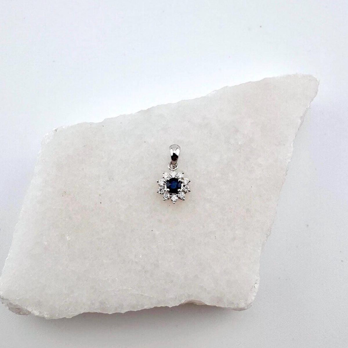 Genuine Sapphire and Diamond Sun Halo Pendant Necklace, 18k Solid White Gold, September Birthstone, Gift for Her