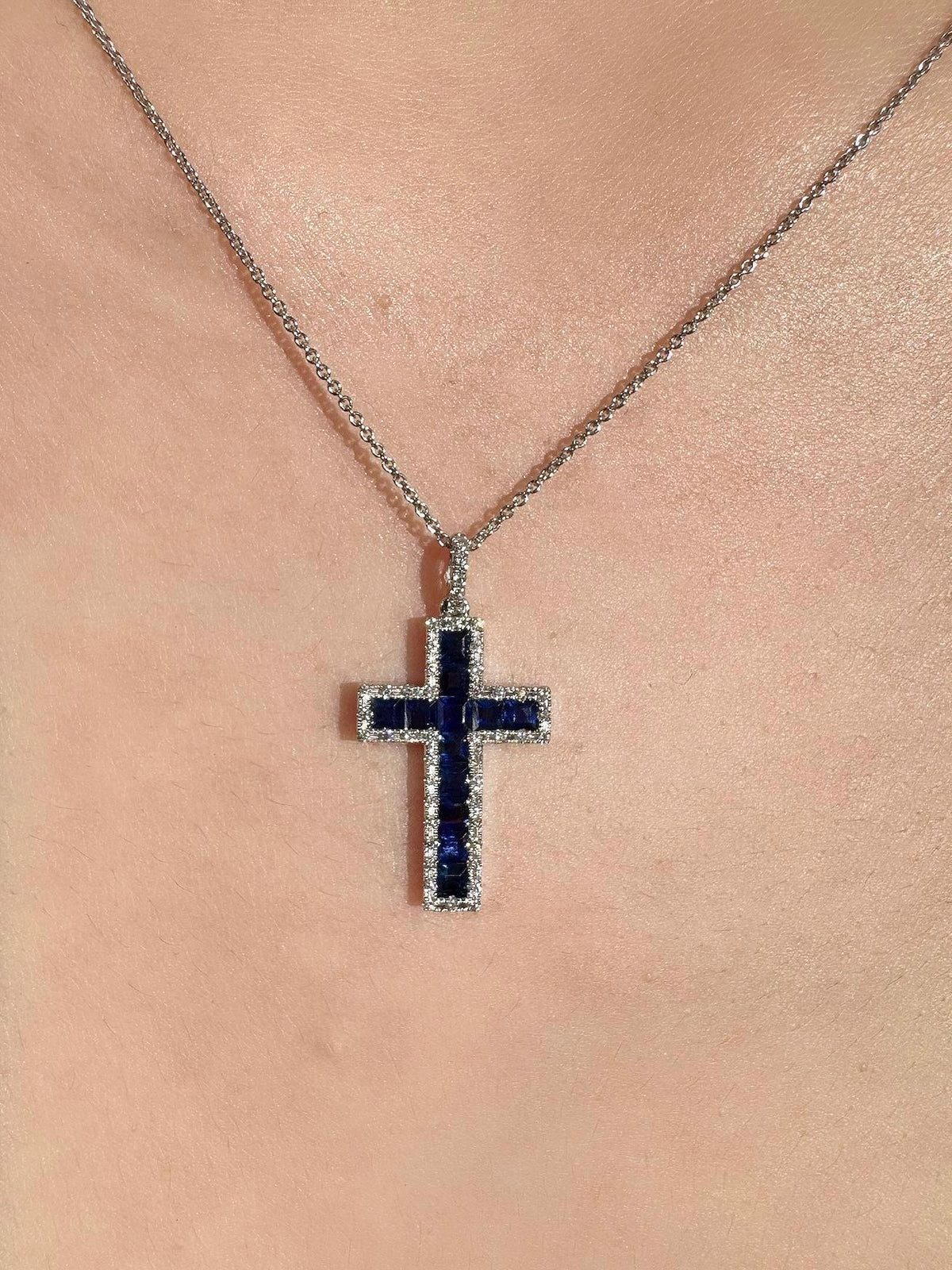 Genuine Sapphire and Diamond Tapered Cross Pendant | 14k Solid Gold