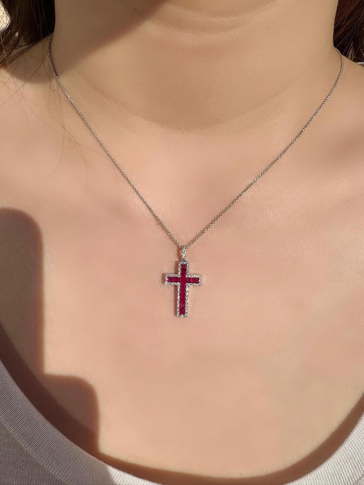 Genuine Ruby and Diamond Tapered Cross Pendant | 14k Solid Gold
