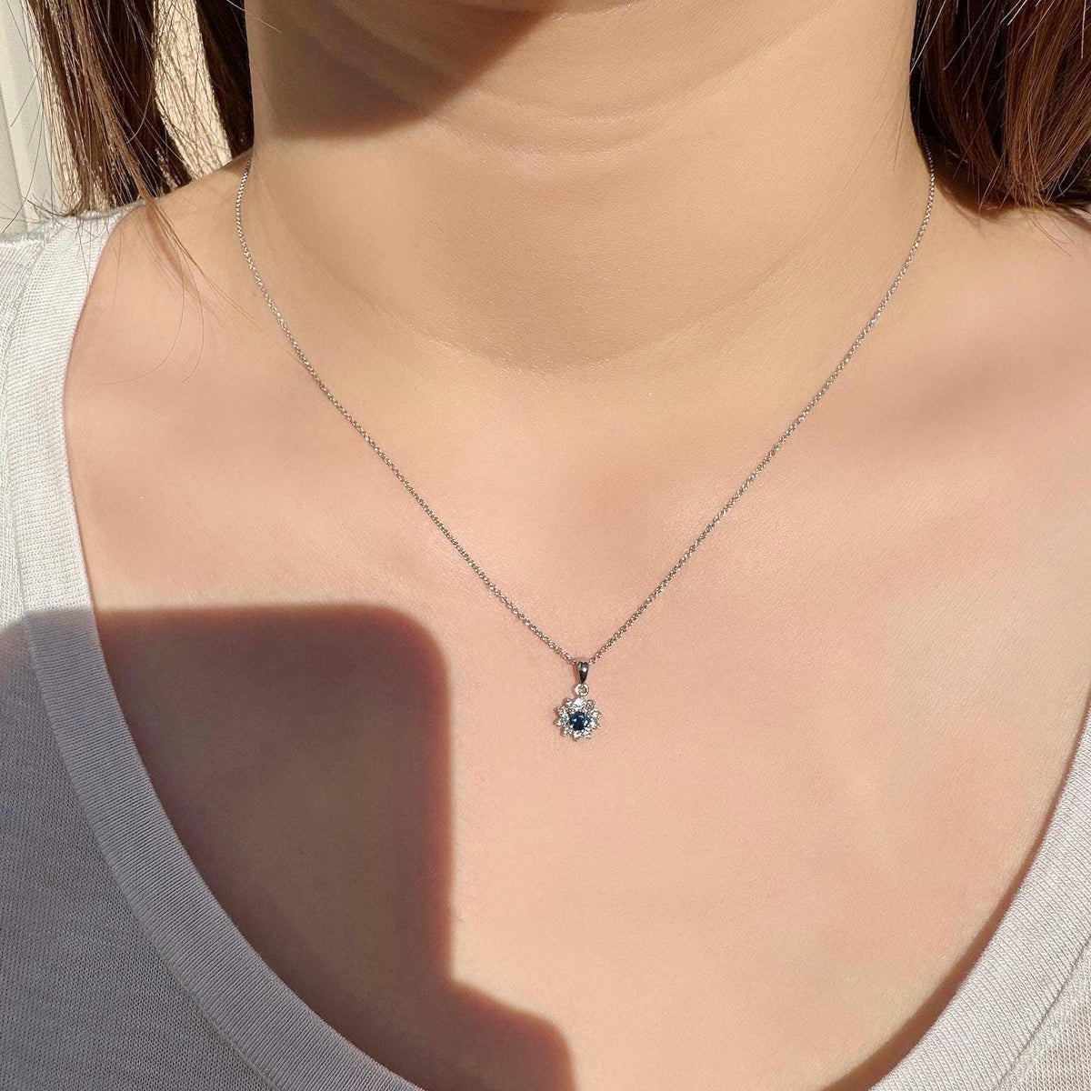 Genuine Sapphire and Diamond Sun Halo Pendant Necklace, 18k Solid White Gold, September Birthstone, Gift for Her