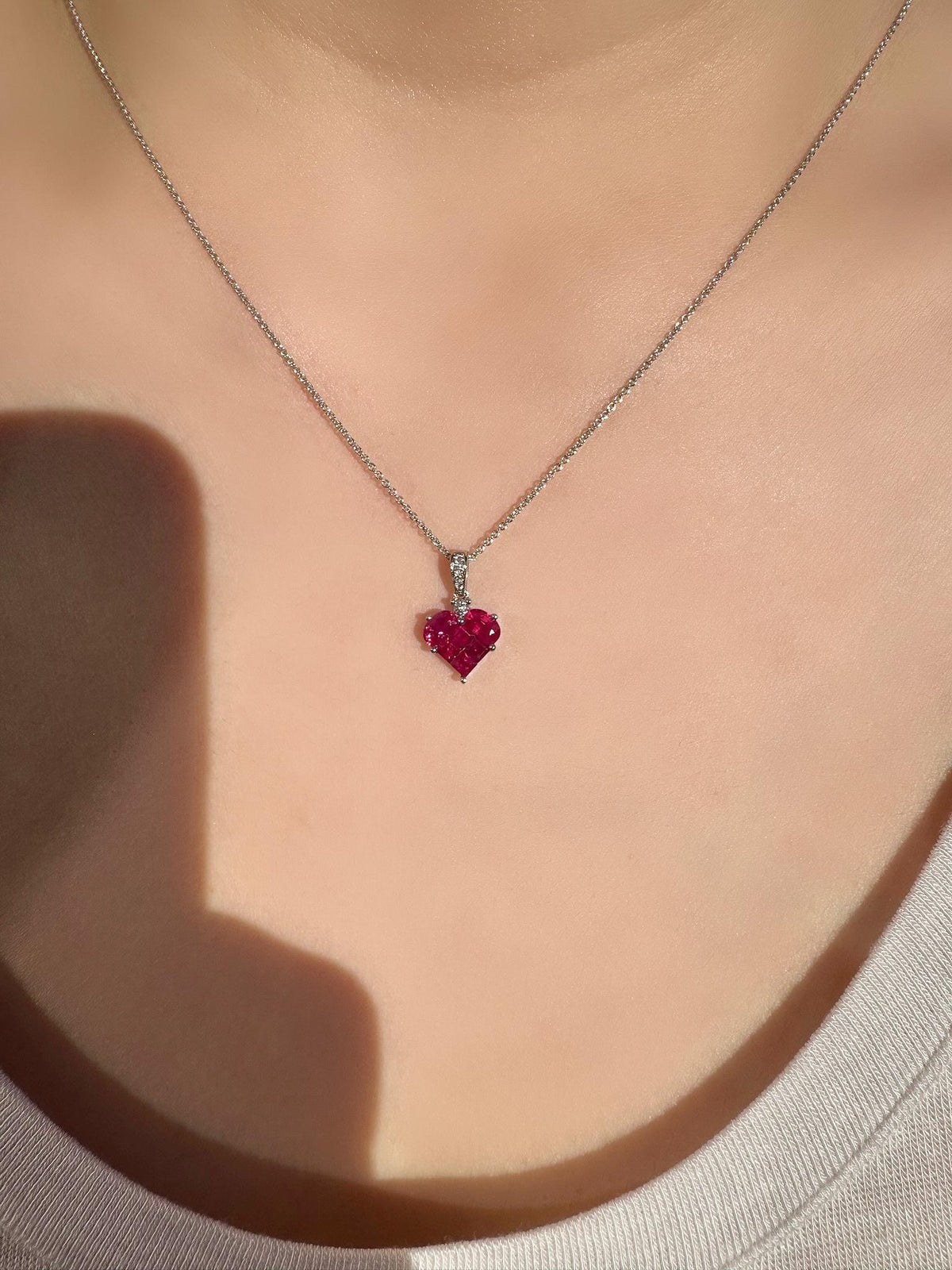 Genuine Ruby and Diamond Heart Pendant in 18k Solid White Gold