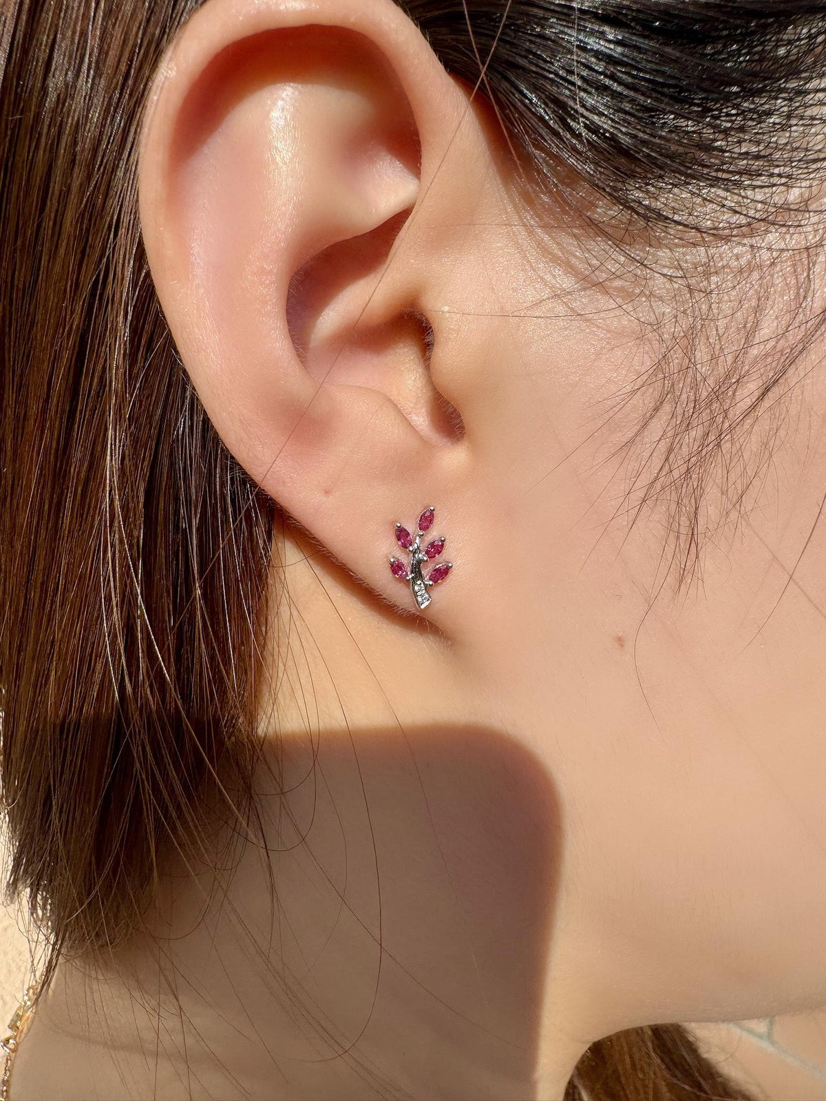 Genuine Ruby and Diamond Fern Stud Earrings in 14k Solid Gold