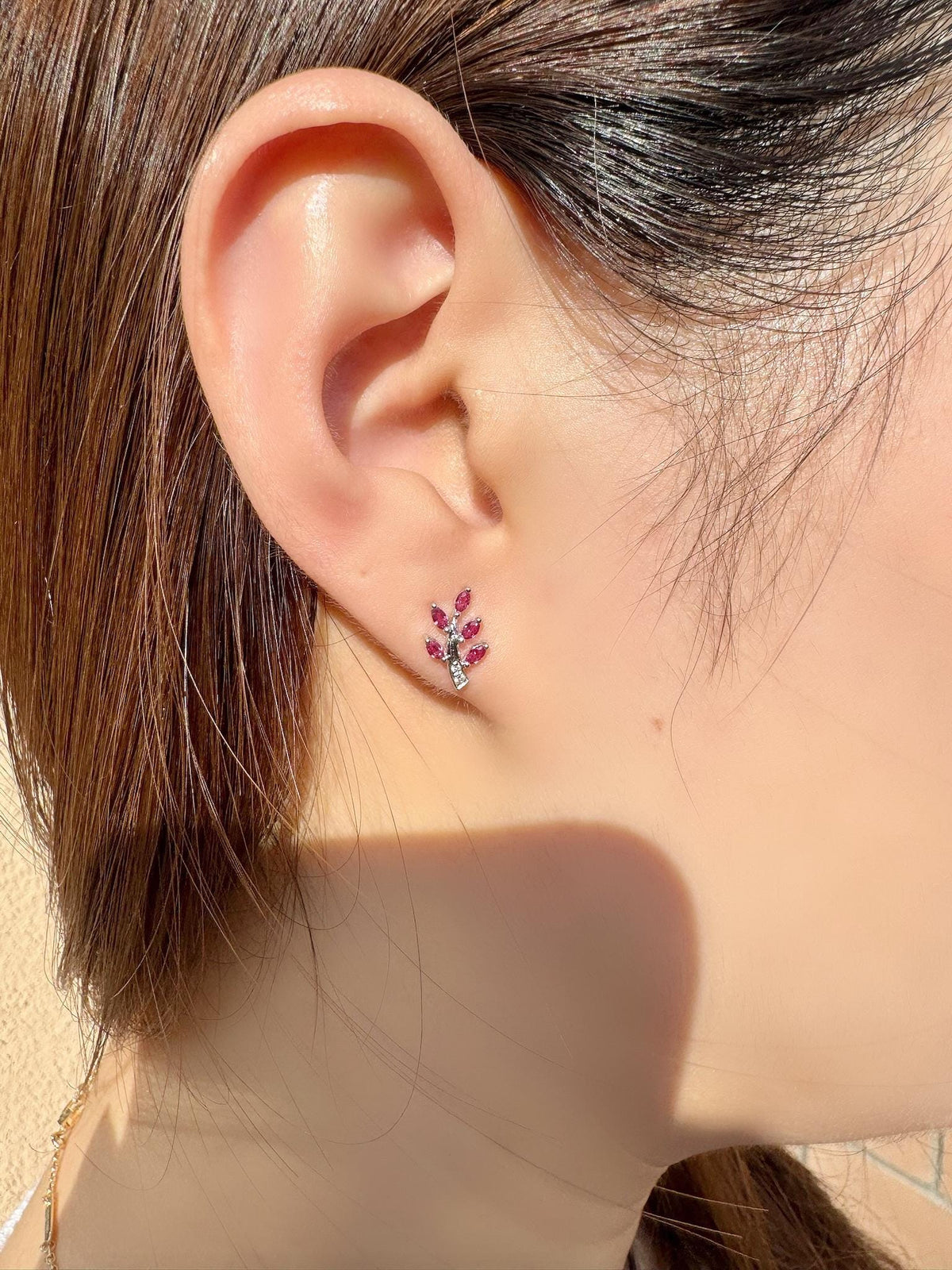 Genuine Ruby and Diamond Fern Stud Earrings in 14k Solid Gold