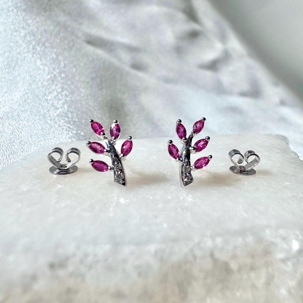 Genuine Ruby and Diamond Fern Stud Earrings in 14k Solid Gold