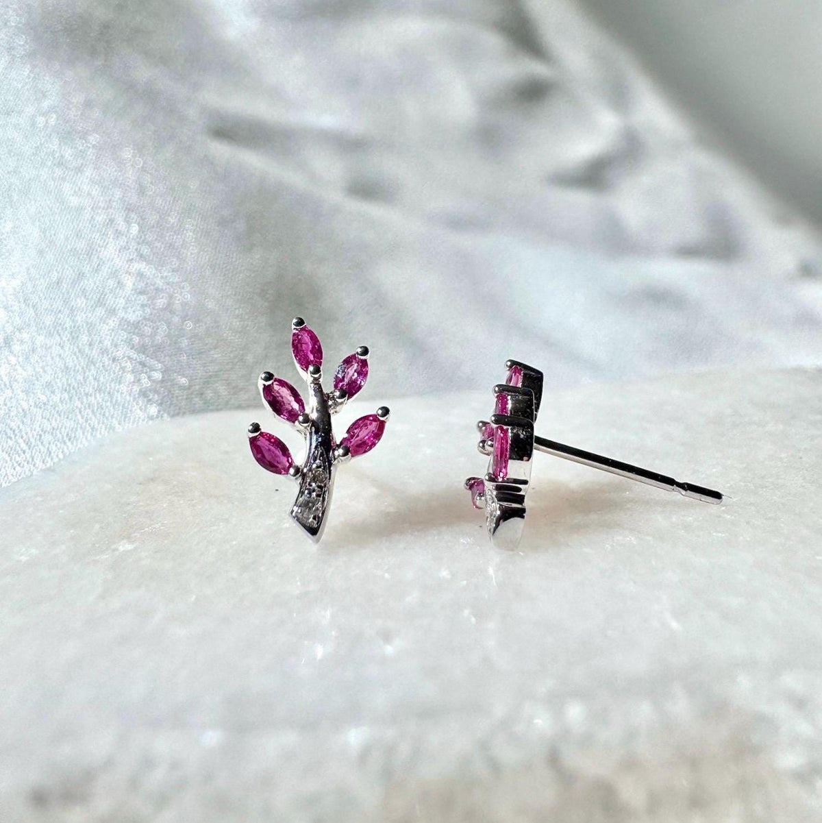 Genuine Ruby and Diamond Fern Stud Earrings in 14k Solid Gold