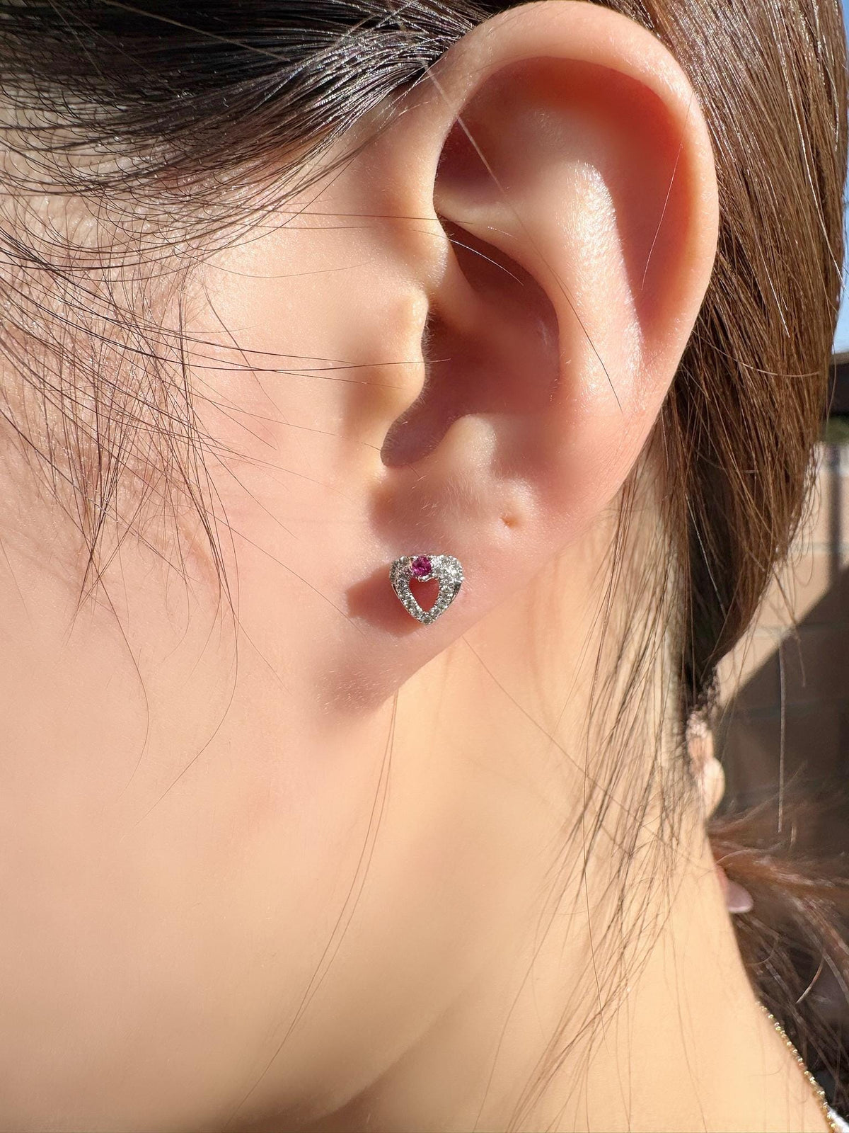 Genuine Ruby and Diamond Heart Stud Earrings in 18k Solid White Gold