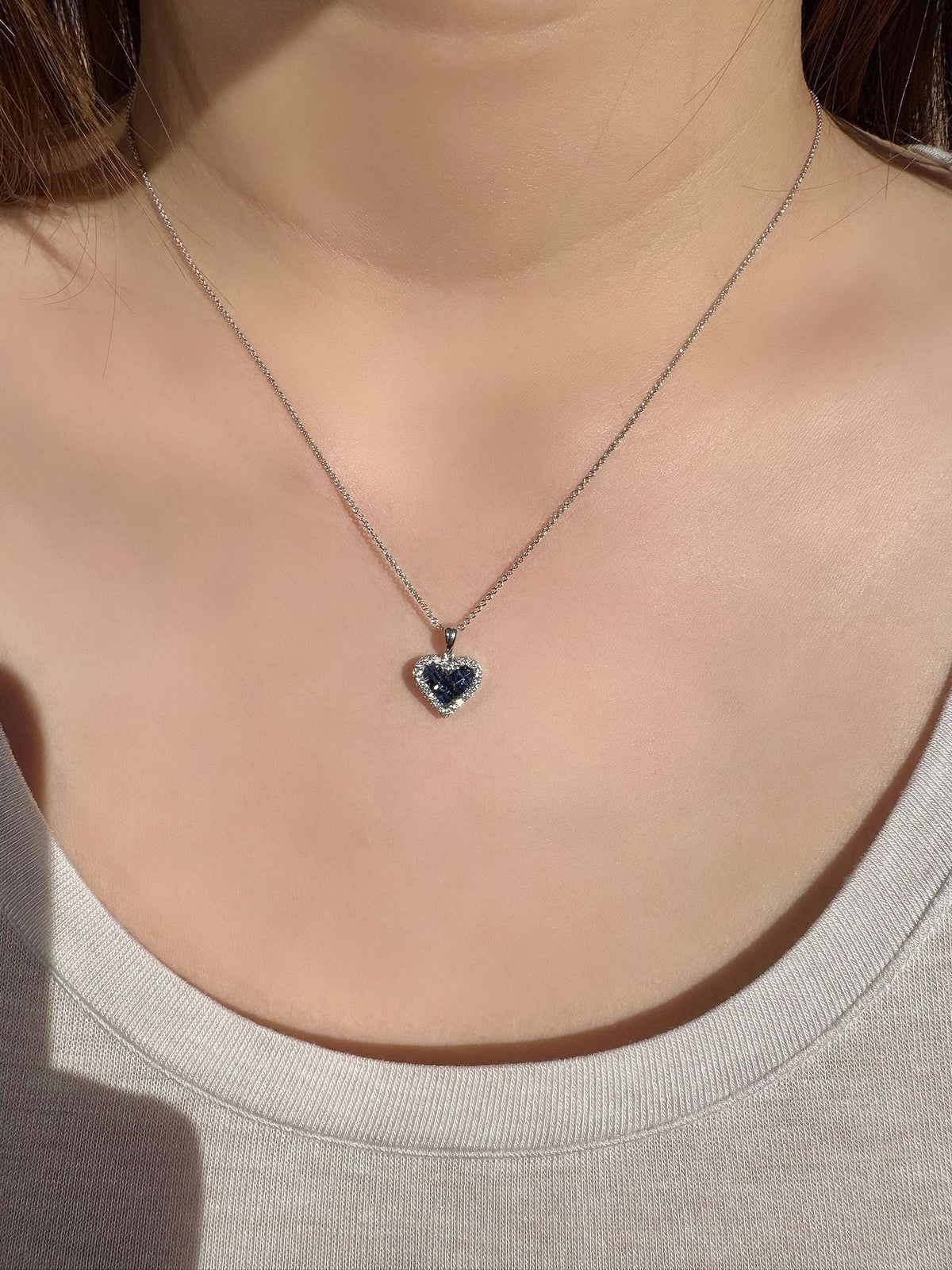 18k White Gold Sapphire Diamond Heart Pendant, September Birthstone Jewelry