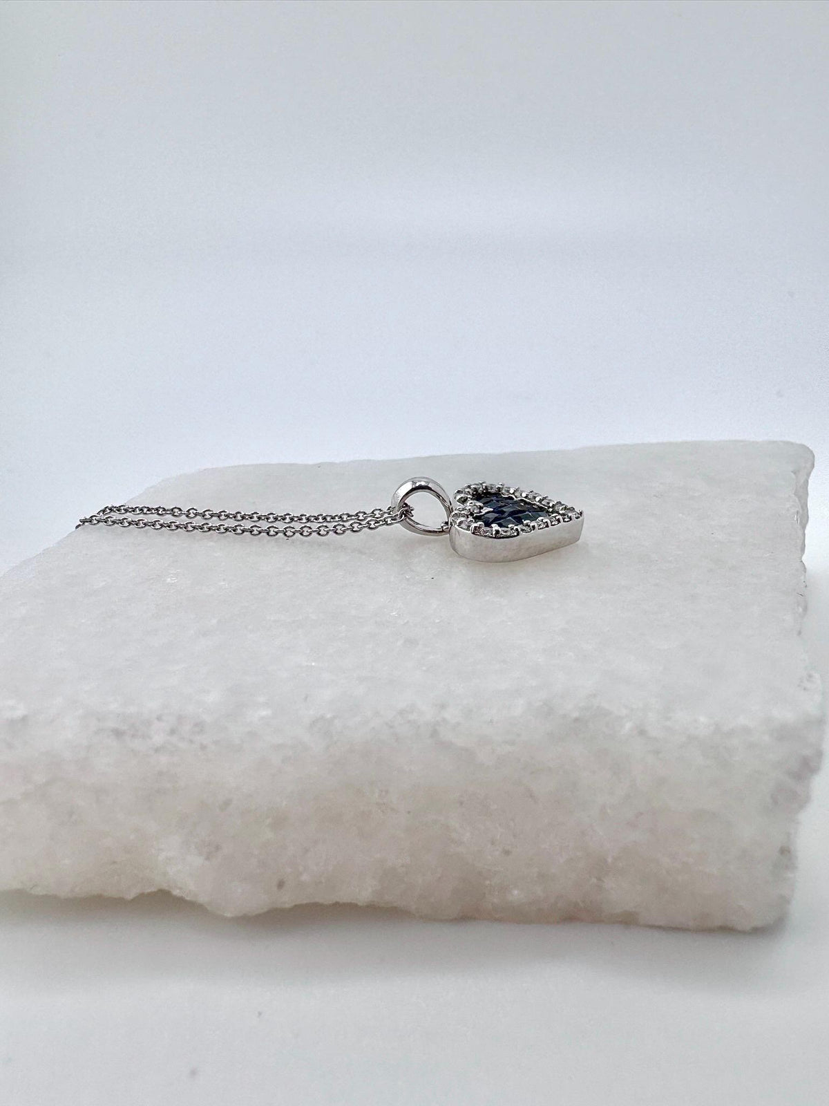18k White Gold Sapphire Diamond Heart Pendant, September Birthstone Jewelry