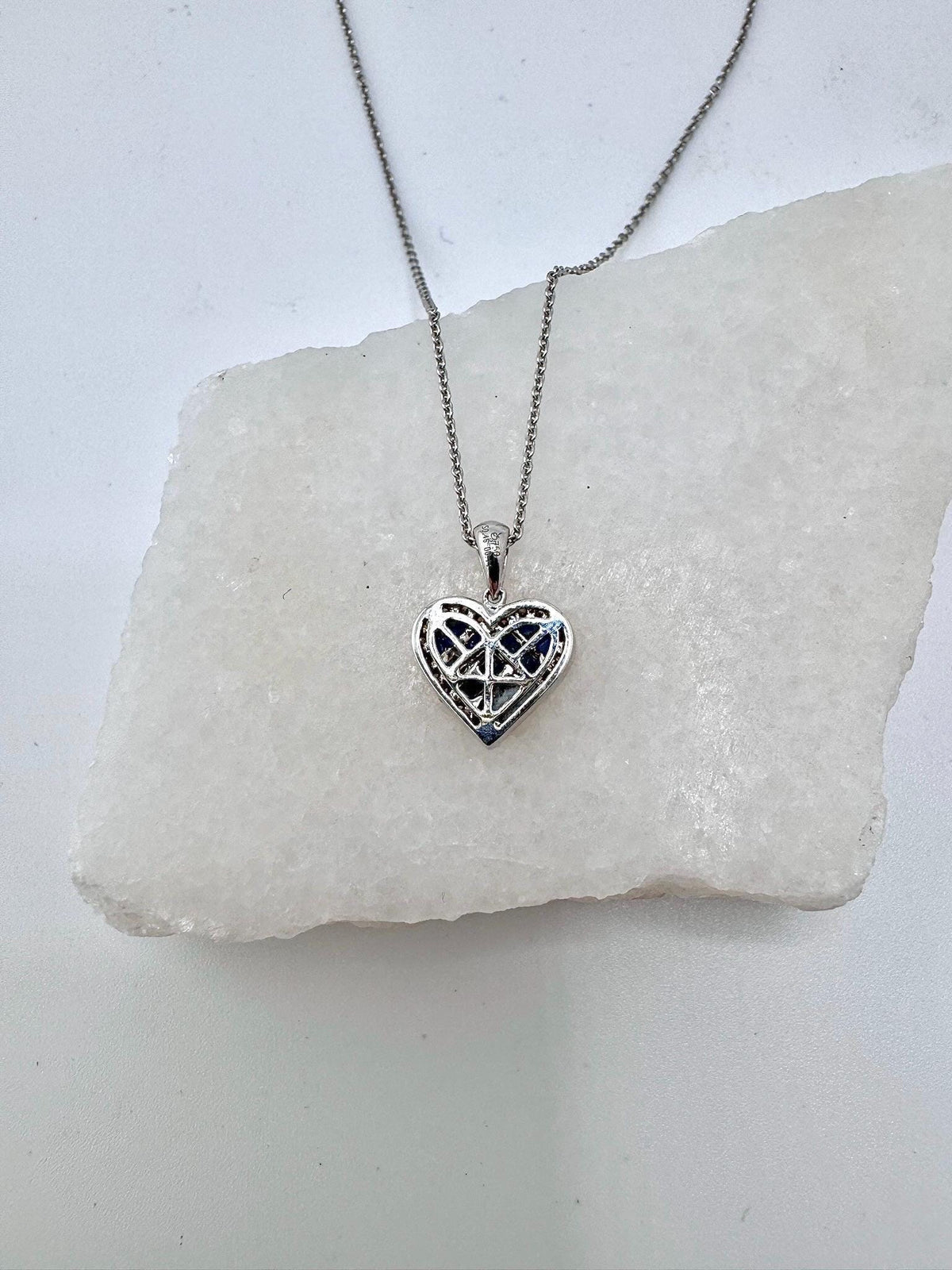 18k White Gold Sapphire Diamond Heart Pendant, September Birthstone Jewelry