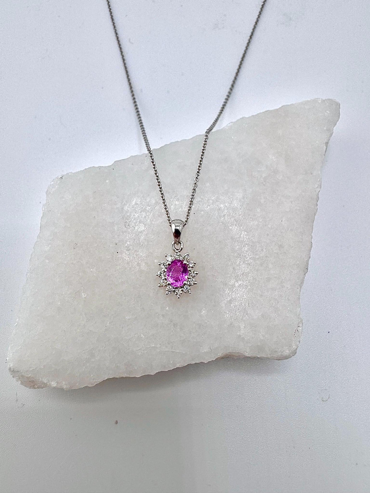 18k Gold Oval Pink Sapphire Diamond Halo Pendant, September Birthstone Gift