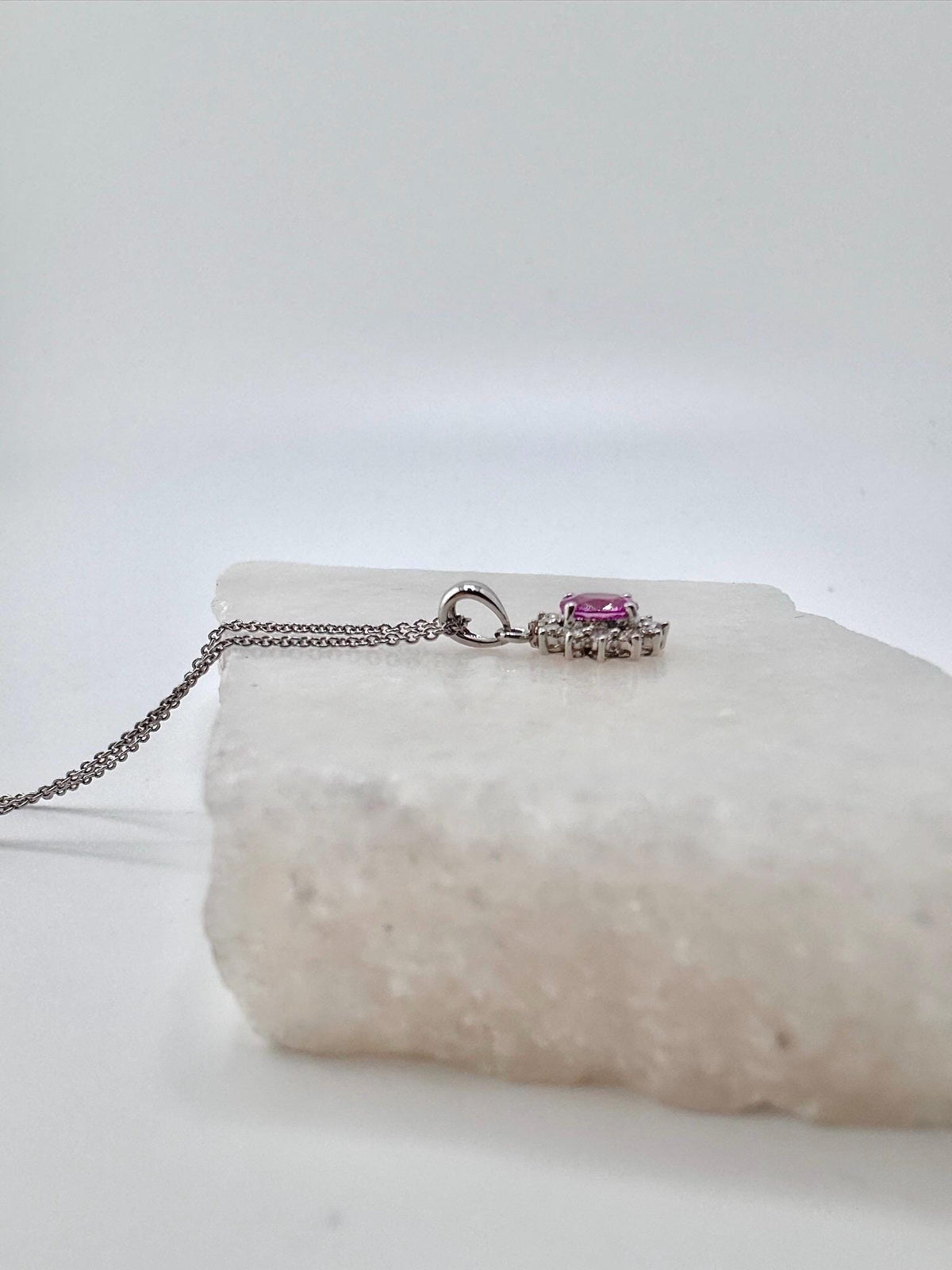 18k Gold Oval Pink Sapphire Diamond Halo Pendant, September Birthstone Gift