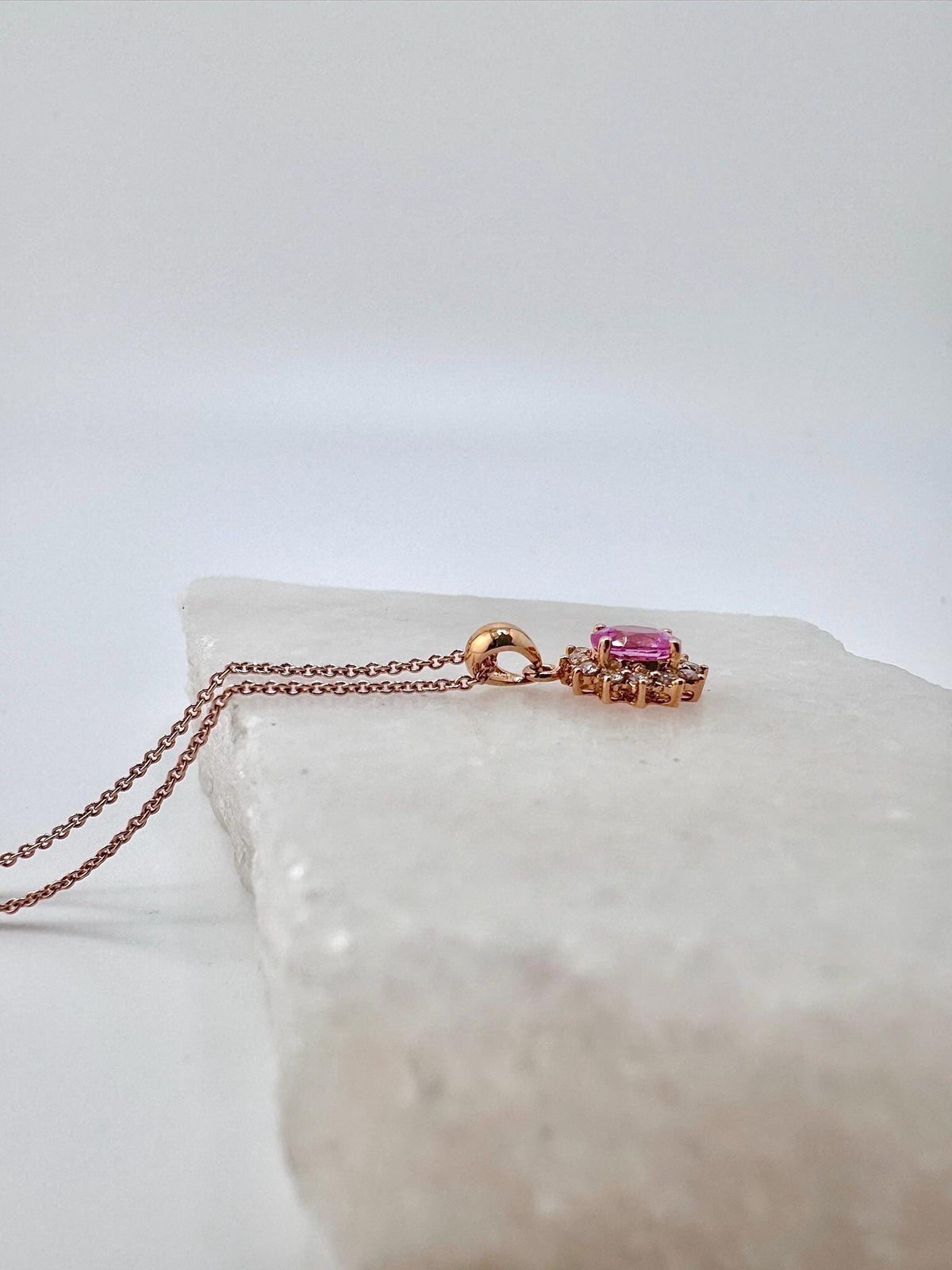 18k Gold Oval Pink Sapphire Diamond Halo Pendant, September Birthstone Gift