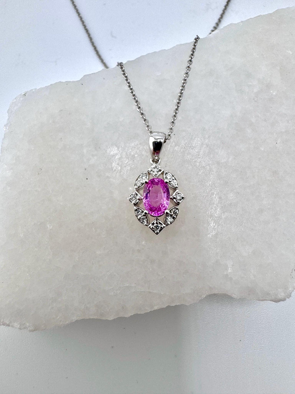 18k White Gold Pink Sapphire Diamond Halo Pendant Necklace, September Birthstone