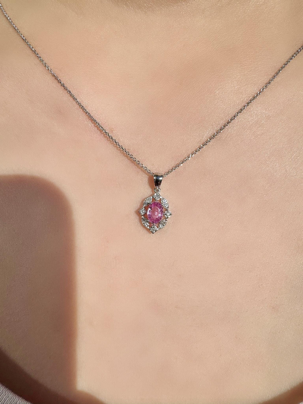 18k White Gold Pink Sapphire Diamond Halo Pendant Necklace, September Birthstone