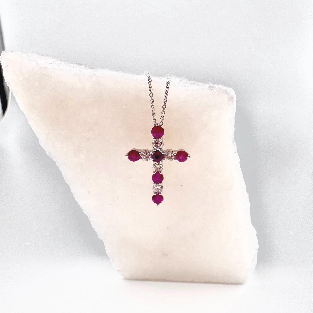 Genuine Ruby and Diamond Cross Pendant | 14k Solid Gold