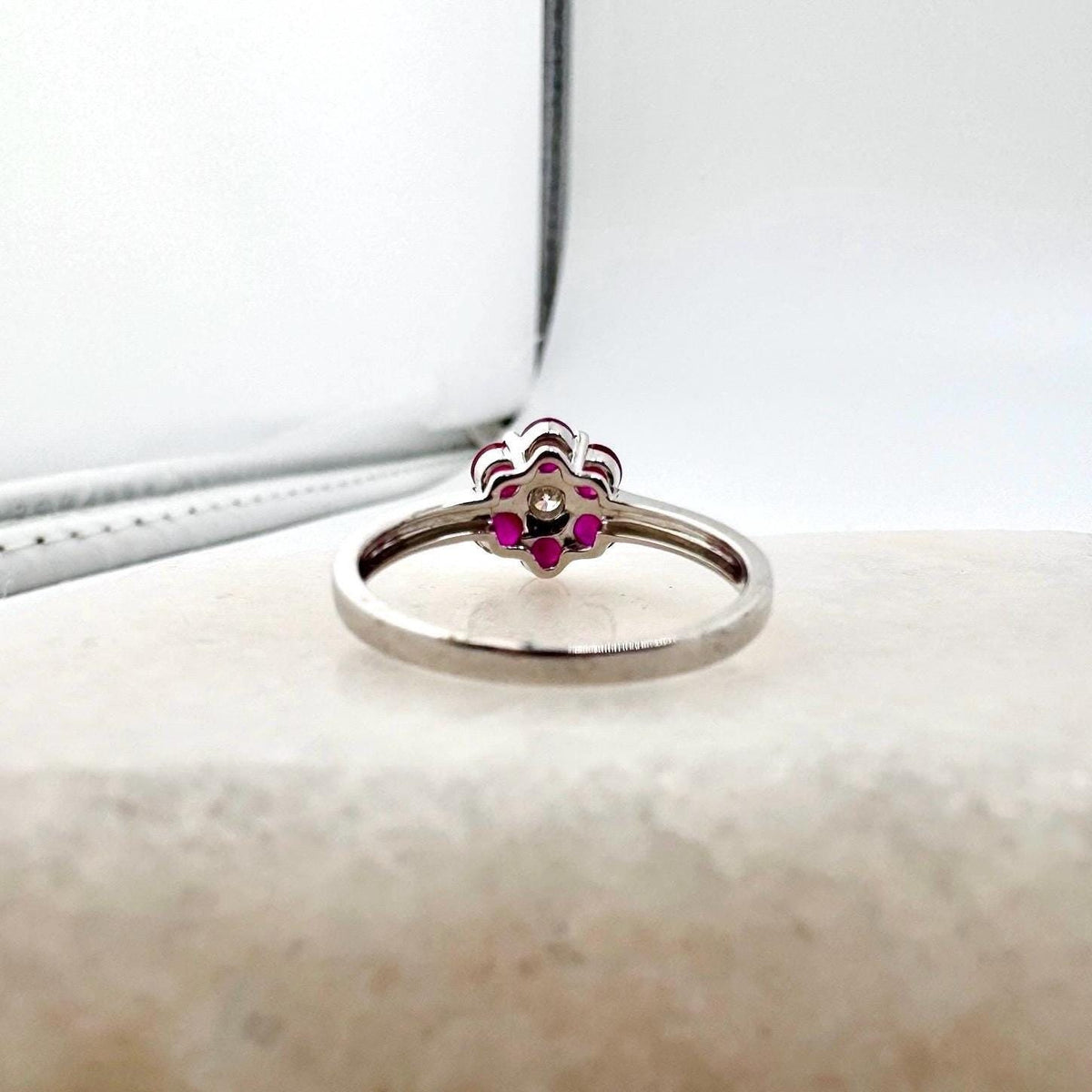 Genuine Ruby and Diamond Flower Ring in 18k Solid White Gold