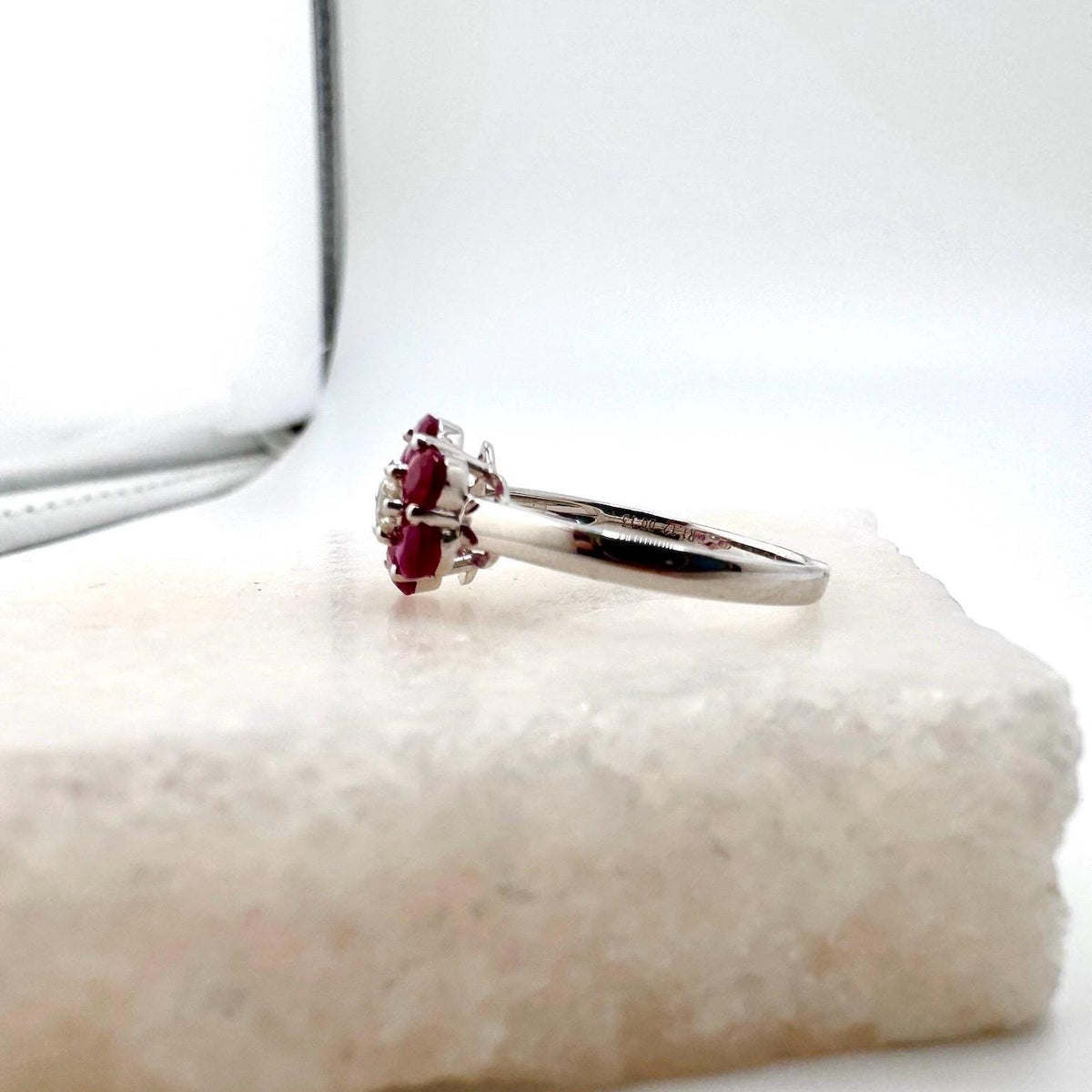 Genuine Ruby and Diamond Flower Ring in 18k Solid White Gold
