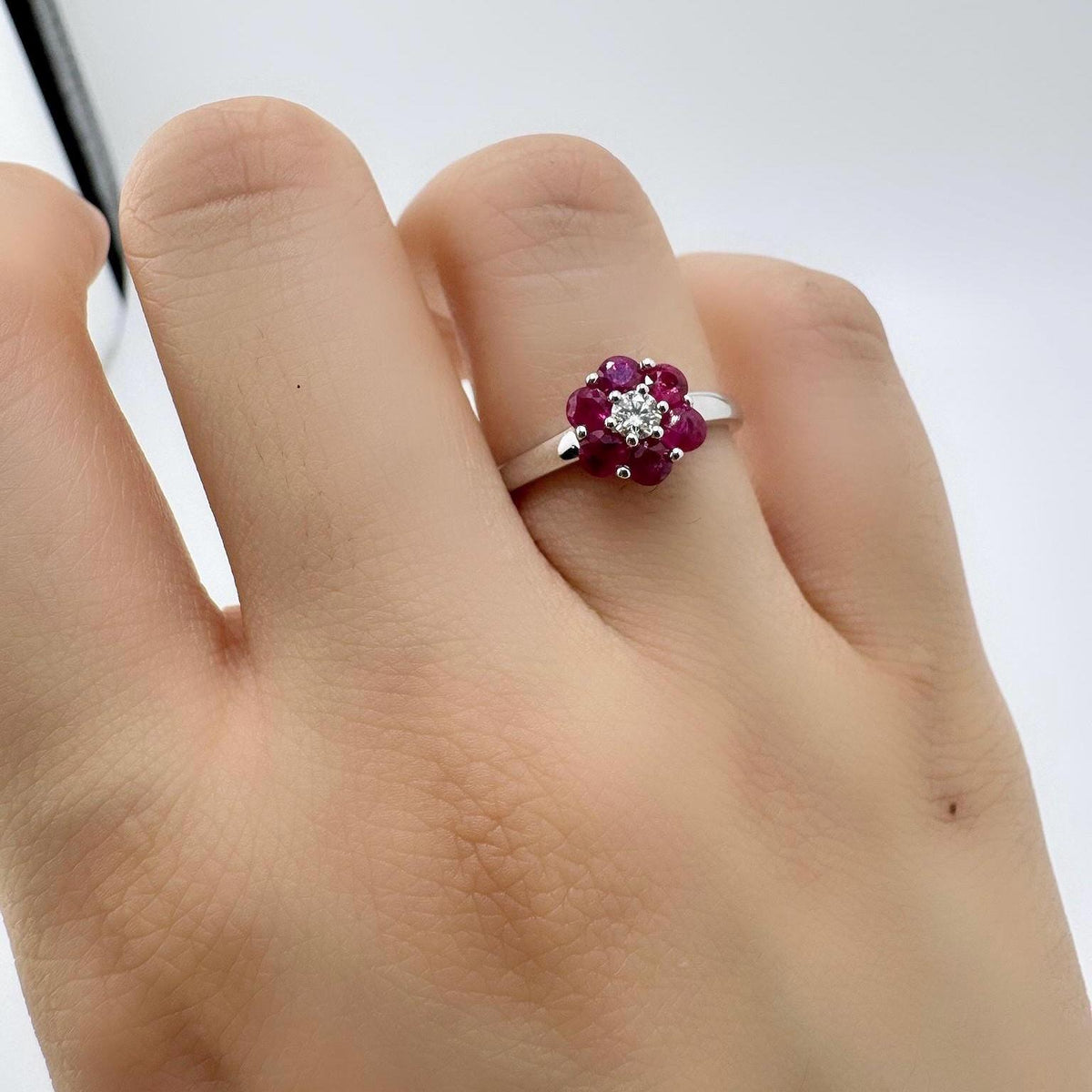 Genuine Ruby and Diamond Flower Ring in 18k Solid White Gold