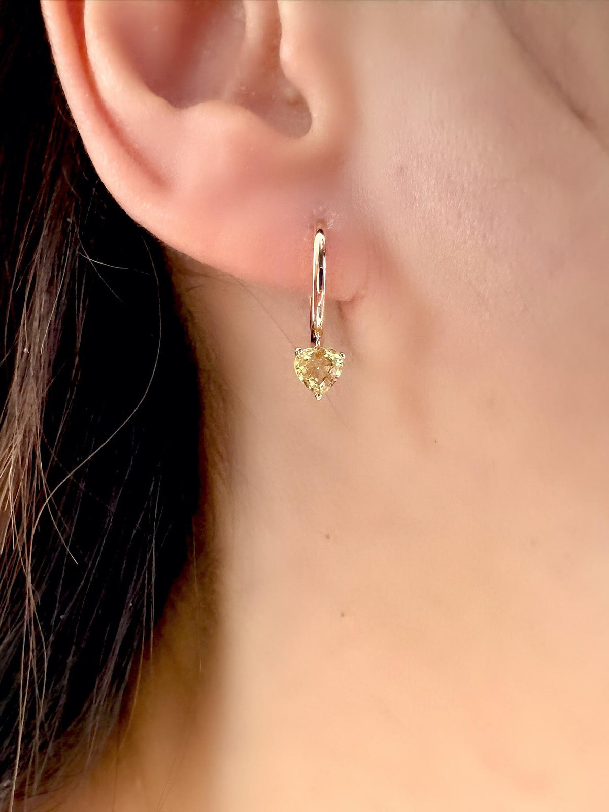 Genuine Green Sapphire Mini Heart Dangle Hoops / 14k Solid Gold