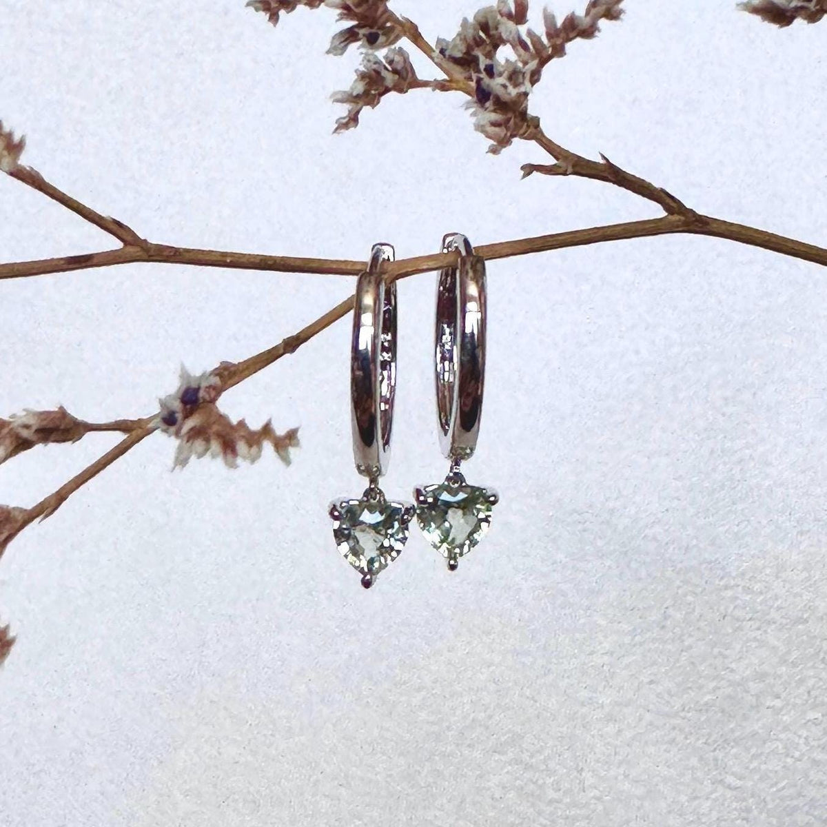 Genuine Green Sapphire Mini Heart Dangle Hoops / 14k Solid Gold