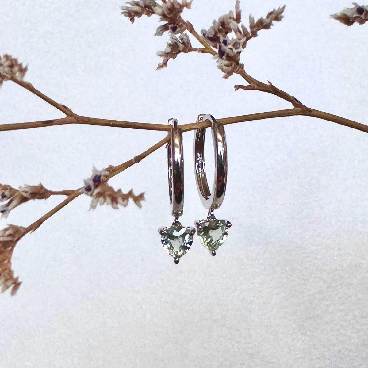 Genuine Green Sapphire Mini Heart Dangle Hoops / 14k Solid Gold