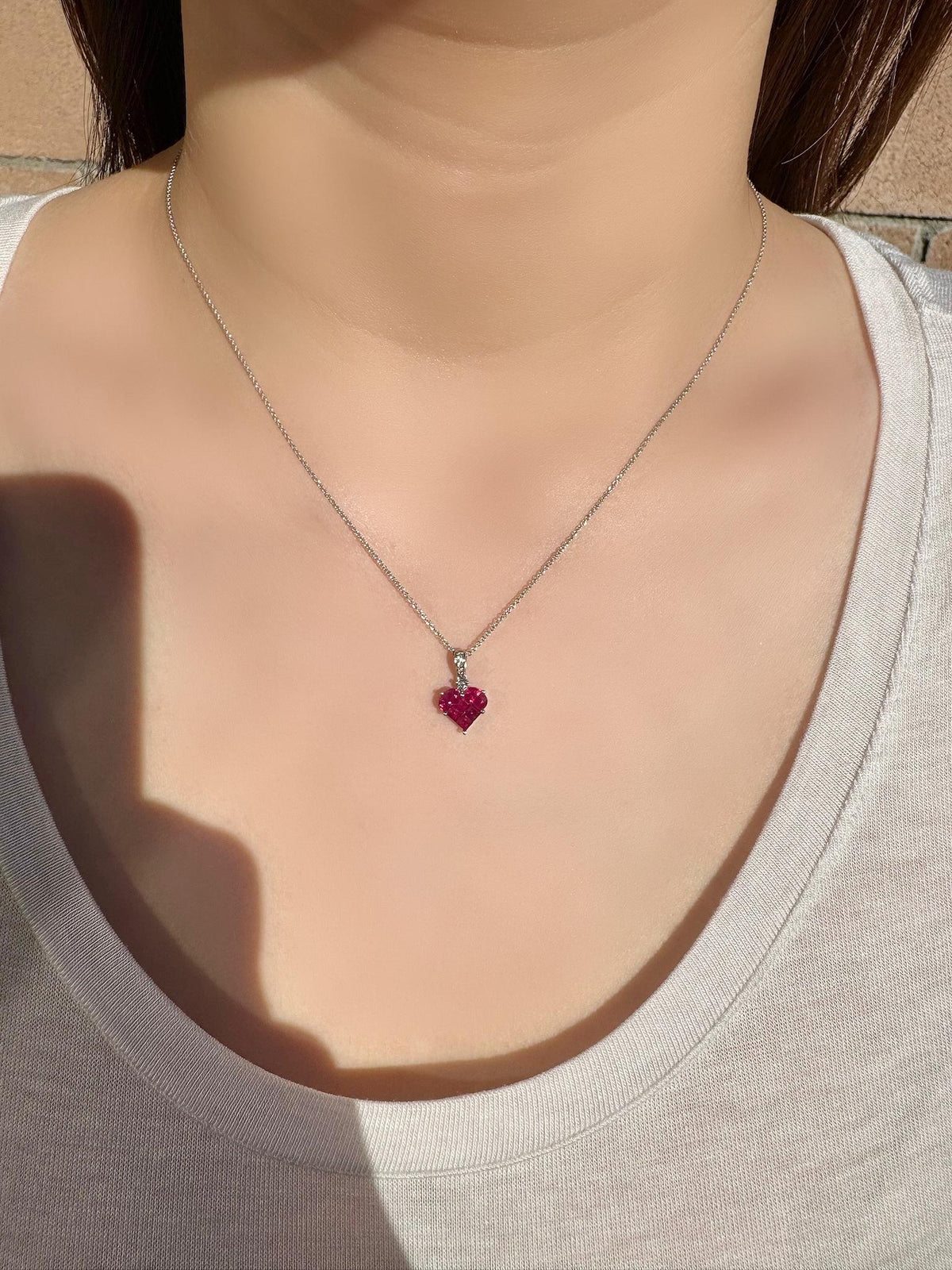 Genuine Ruby and Diamond Heart Pendant in 18k Solid White Gold