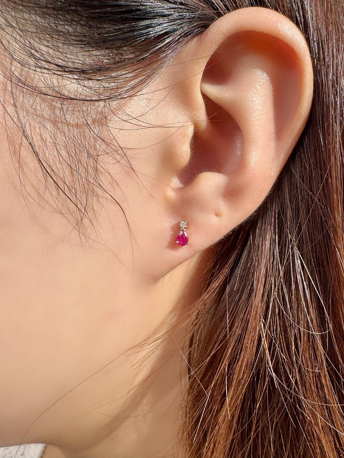 14k Solid Gold Ruby Diamond Teardrop Stud Earrings, July Birthstone Gift