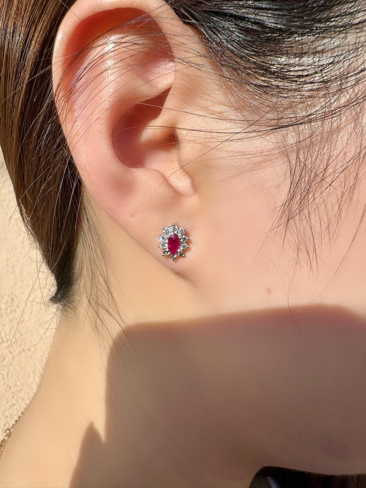 Genuine Oval Ruby and Diamond Solaris Halo Stud Earrings | 18k Solid White Gold