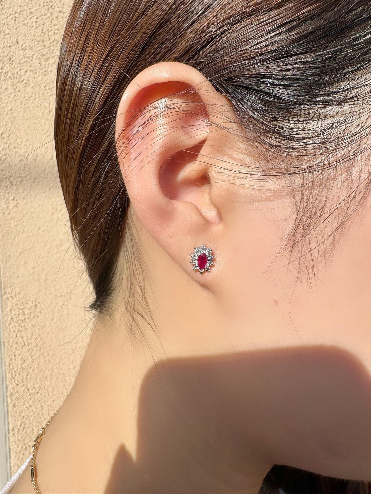 Genuine Oval Ruby and Diamond Solaris Halo Stud Earrings | 18k Solid White Gold