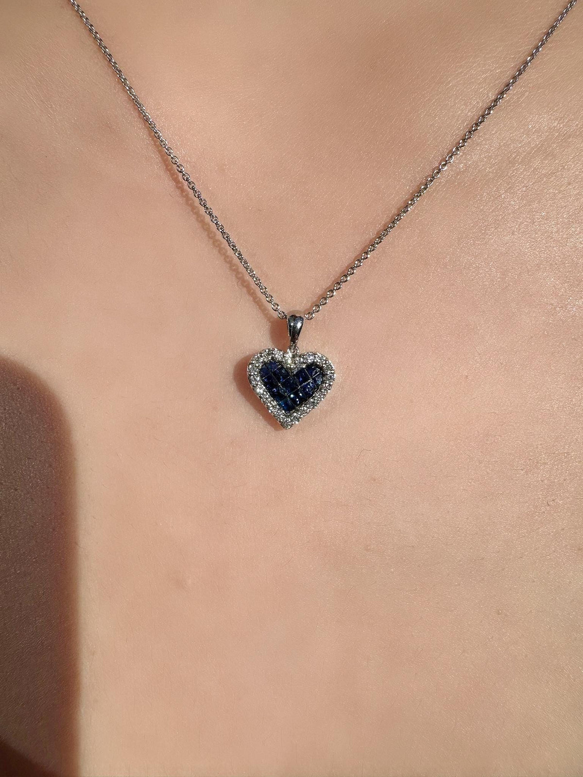18k White Gold Sapphire Diamond Heart Pendant, September Birthstone Jewelry
