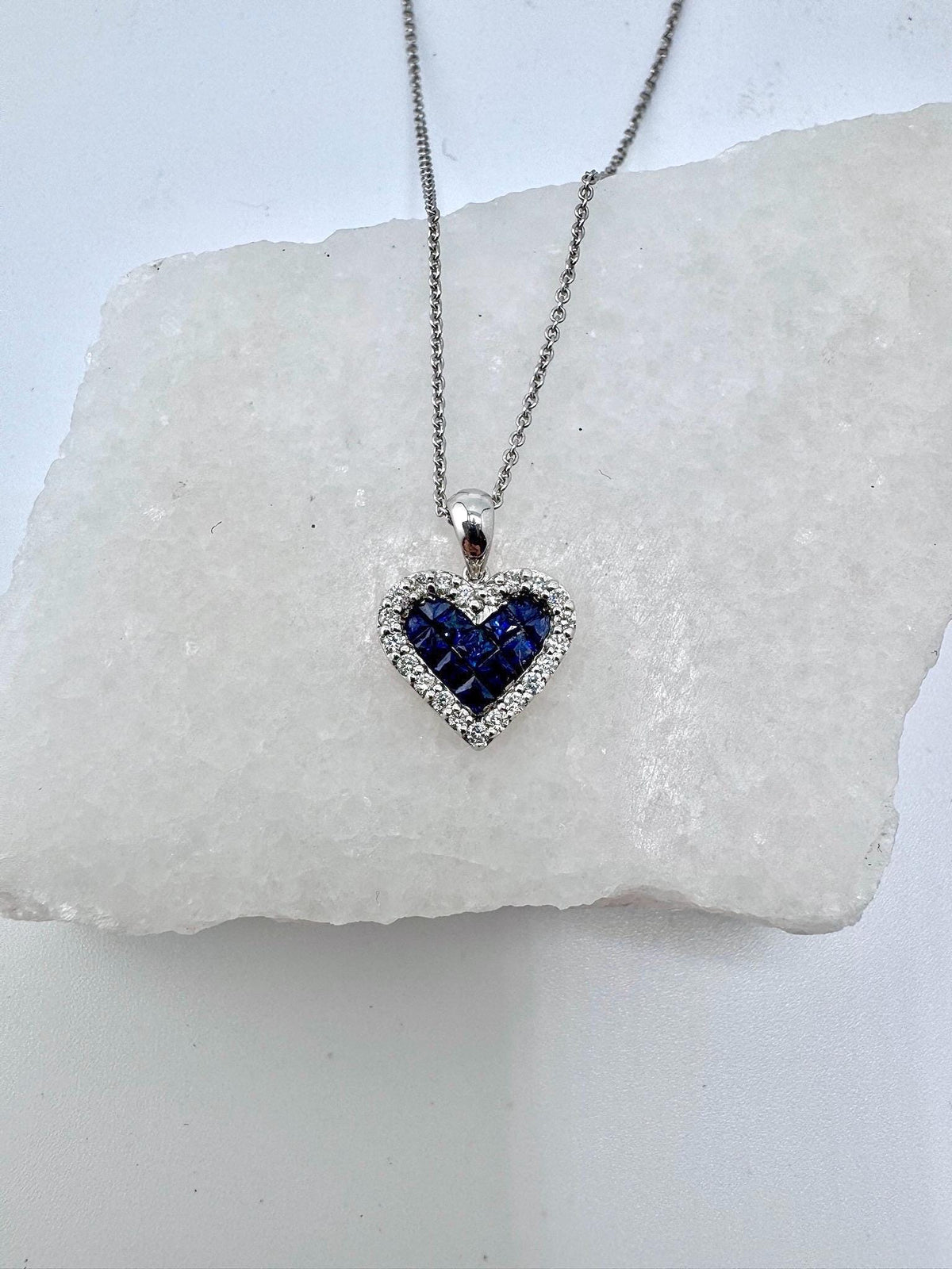 18k White Gold Sapphire Diamond Heart Pendant, September Birthstone Jewelry