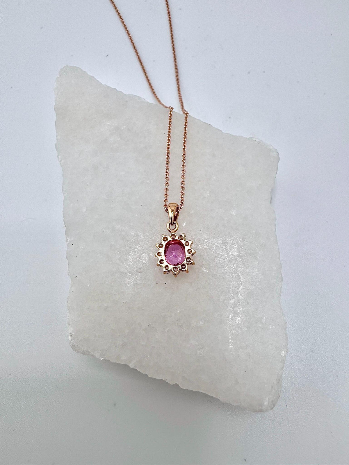 18k Gold Oval Pink Sapphire Diamond Halo Pendant, September Birthstone Gift