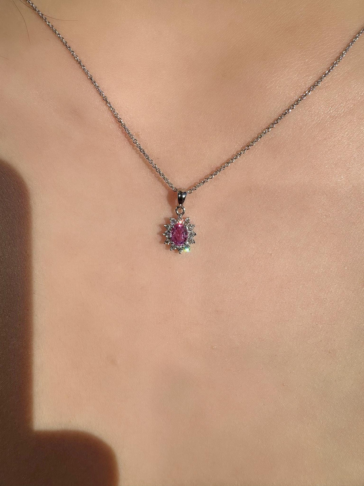 18k Gold Oval Pink Sapphire Diamond Halo Pendant, September Birthstone Gift