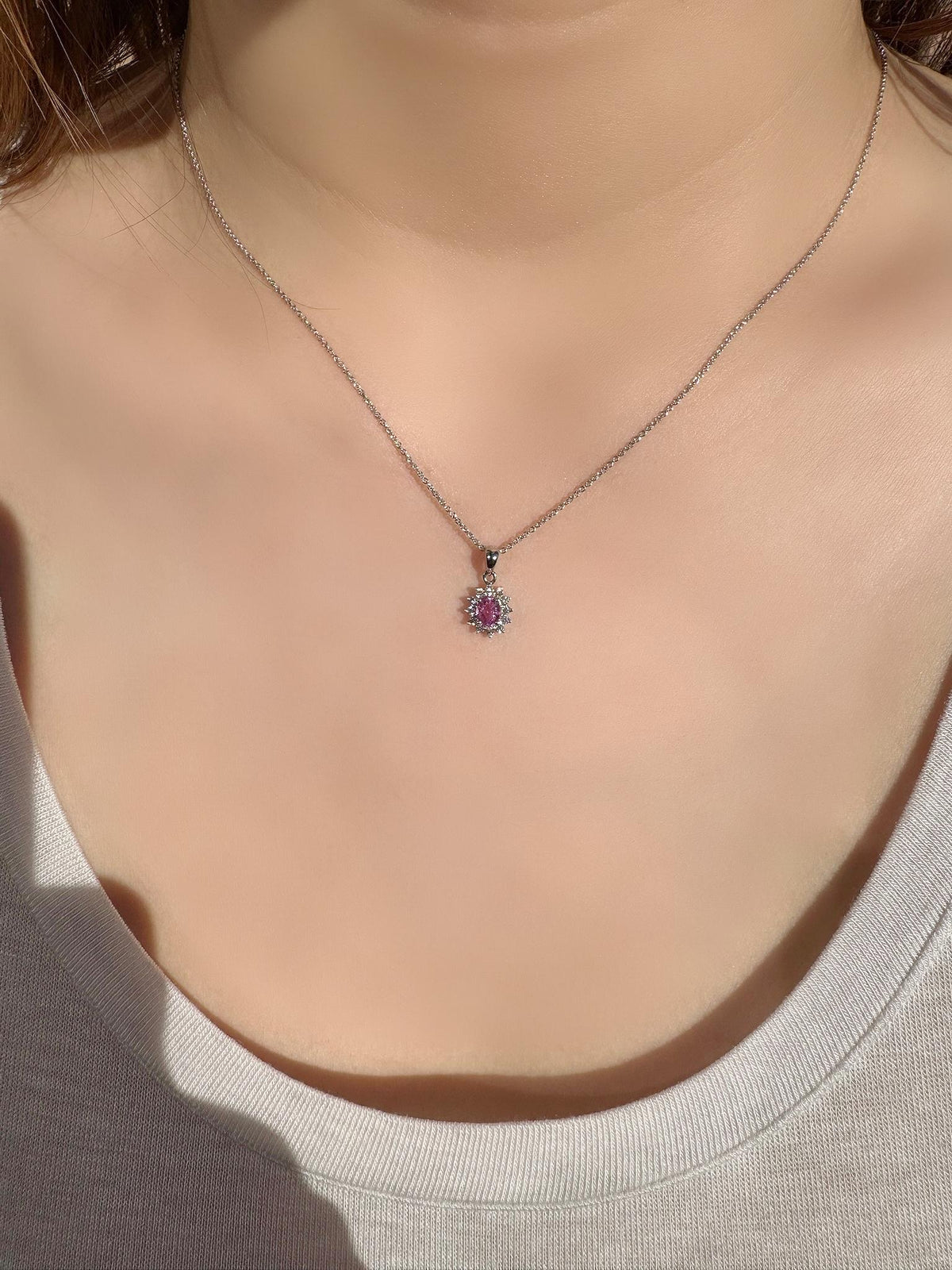 18k Gold Oval Pink Sapphire Diamond Halo Pendant, September Birthstone Gift