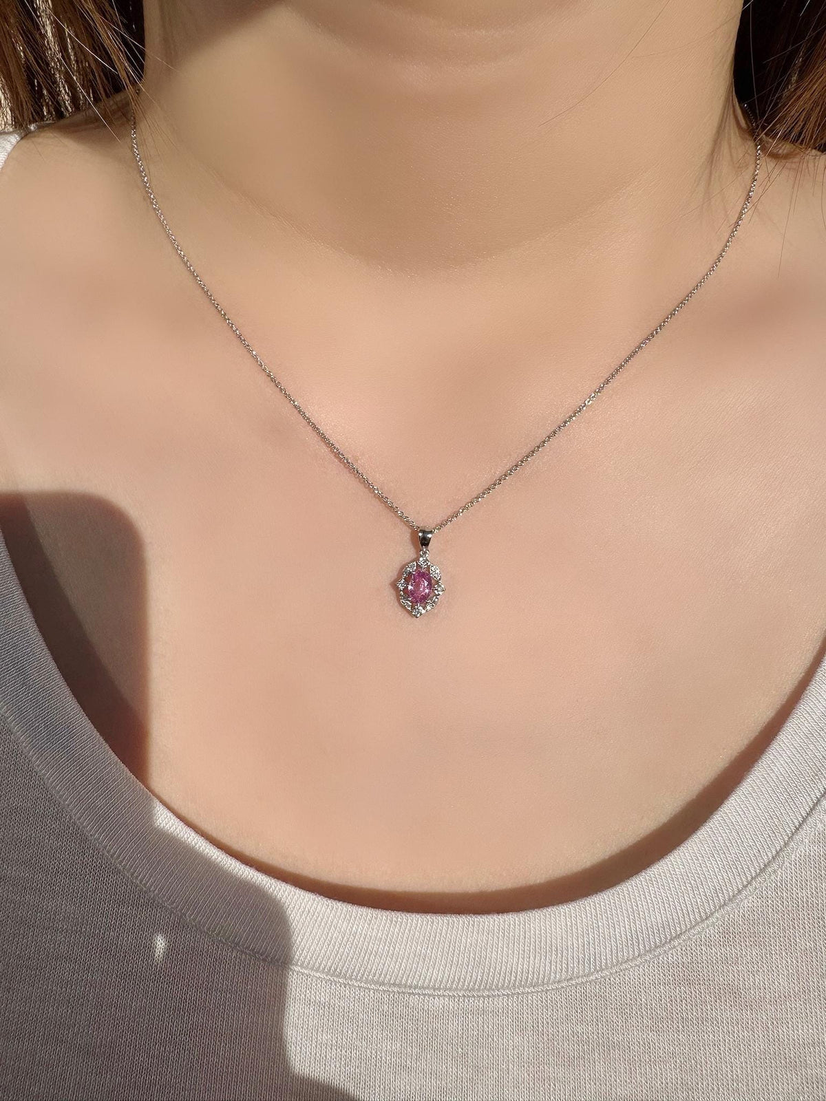 18k White Gold Pink Sapphire Diamond Halo Pendant Necklace, September Birthstone