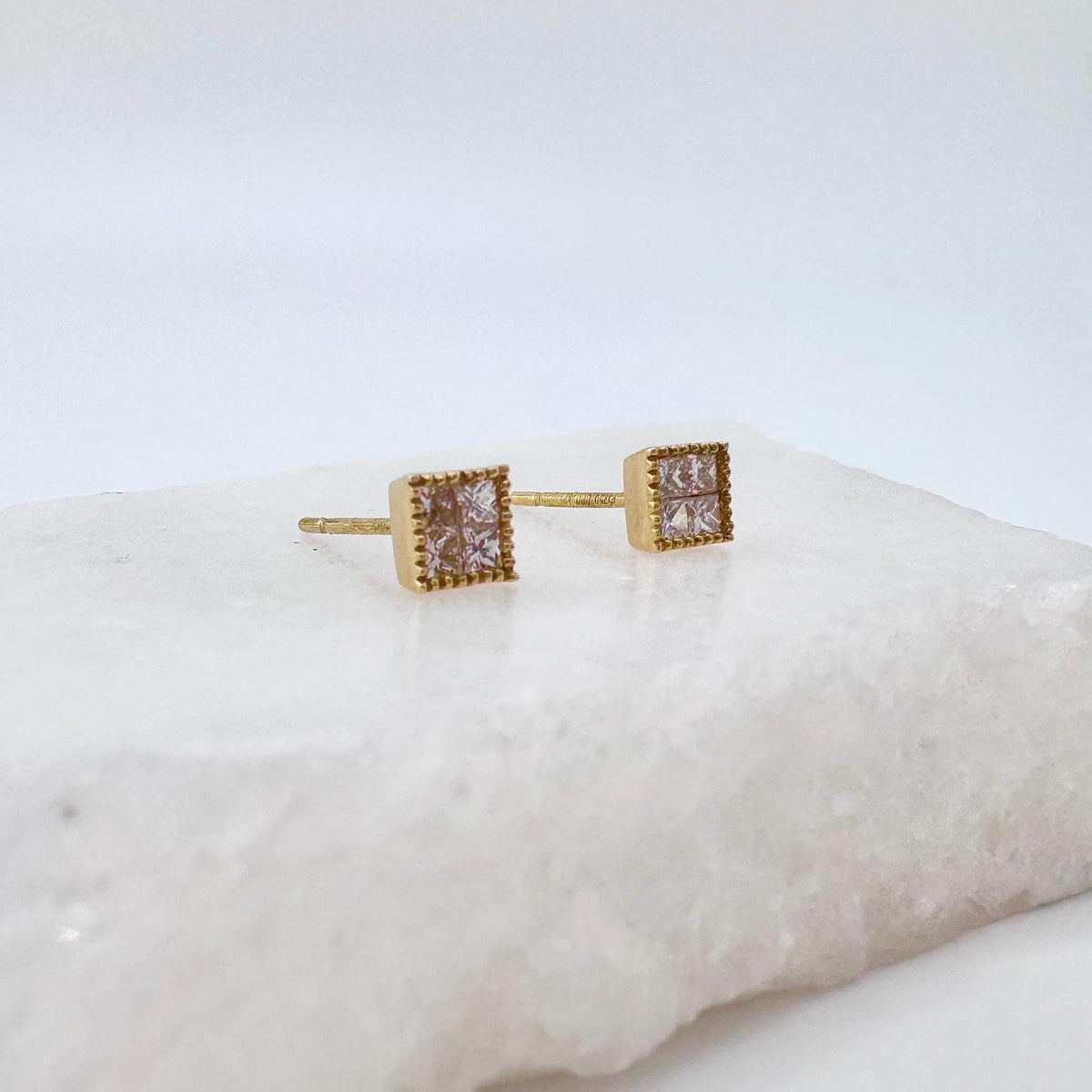 Genuine Diamond Square Bezel Stud Earrings in 18k Solid Gold