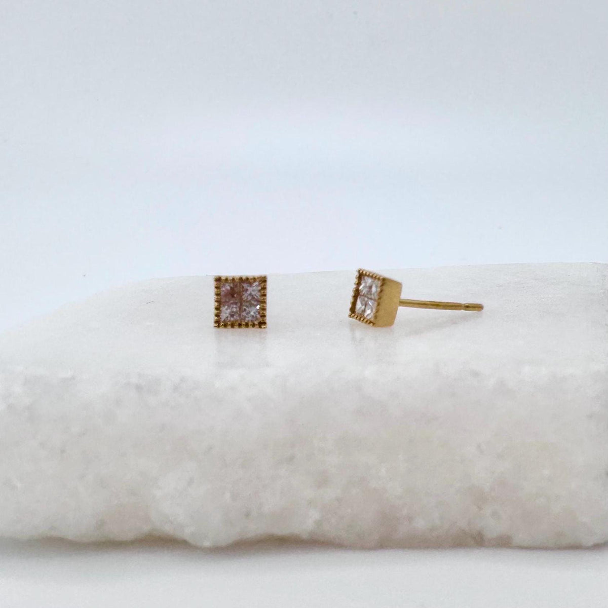 Genuine Diamond Square Bezel Stud Earrings in 18k Solid Gold